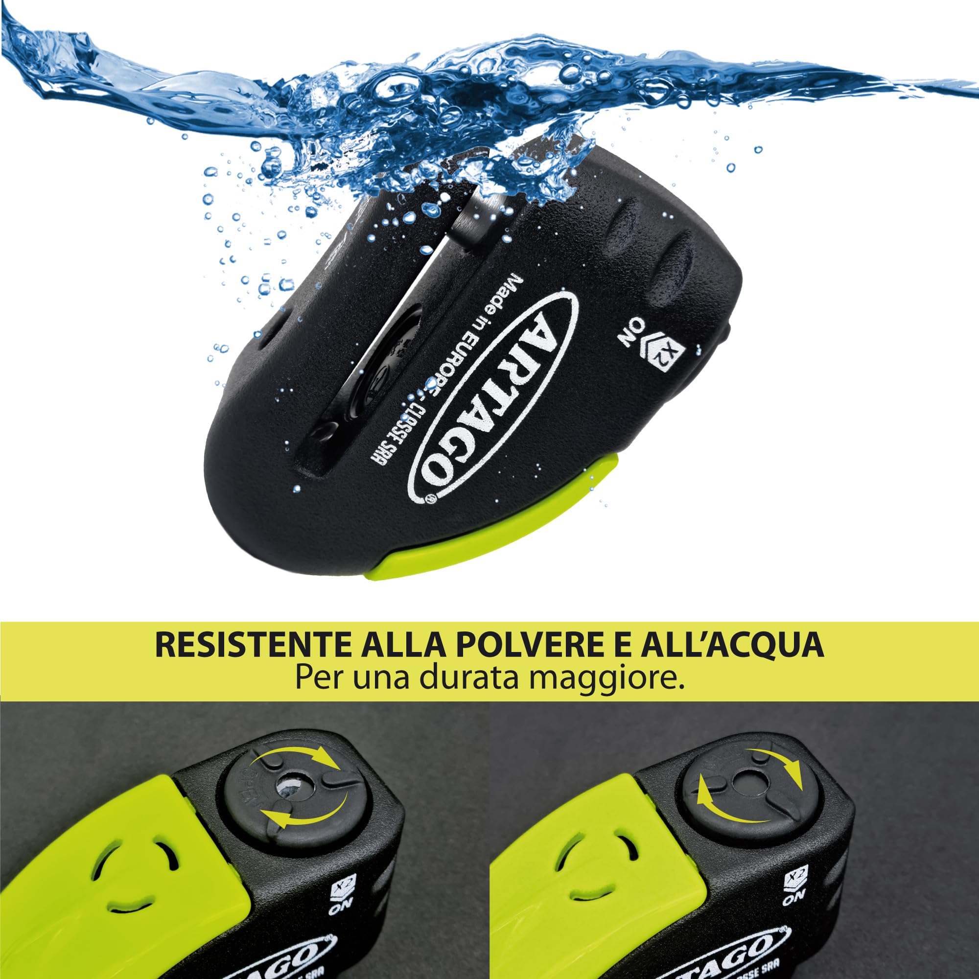 ARTAGO 30X14 Blocca Disco per Moto Alta Gamma, Senza o Con Allarme Don't Touch 120dB, Antifurto Omologato SRA e SSG, Lucchetto Alta Sicurezza Anti-Trapano 5mm, Doppia Chiusura Acciaio Temperato ø14mm