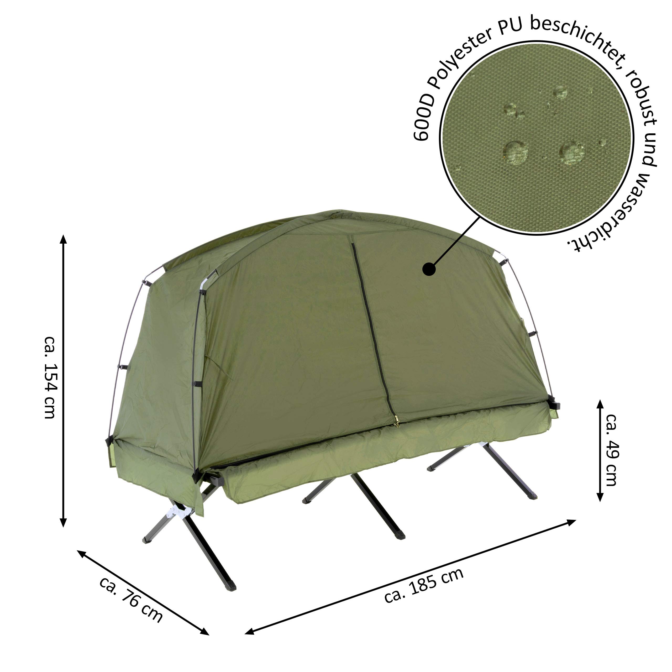 Stelzen-Zelt mit Angel-Liege – 185x76x154 cm – 1-Personen-Campingzelt mit Moskitonetz & Tragetasche – 600D Polyester, Stahlrahmen – Feldbett-Zelt für Camping, Angeln & Outdoor