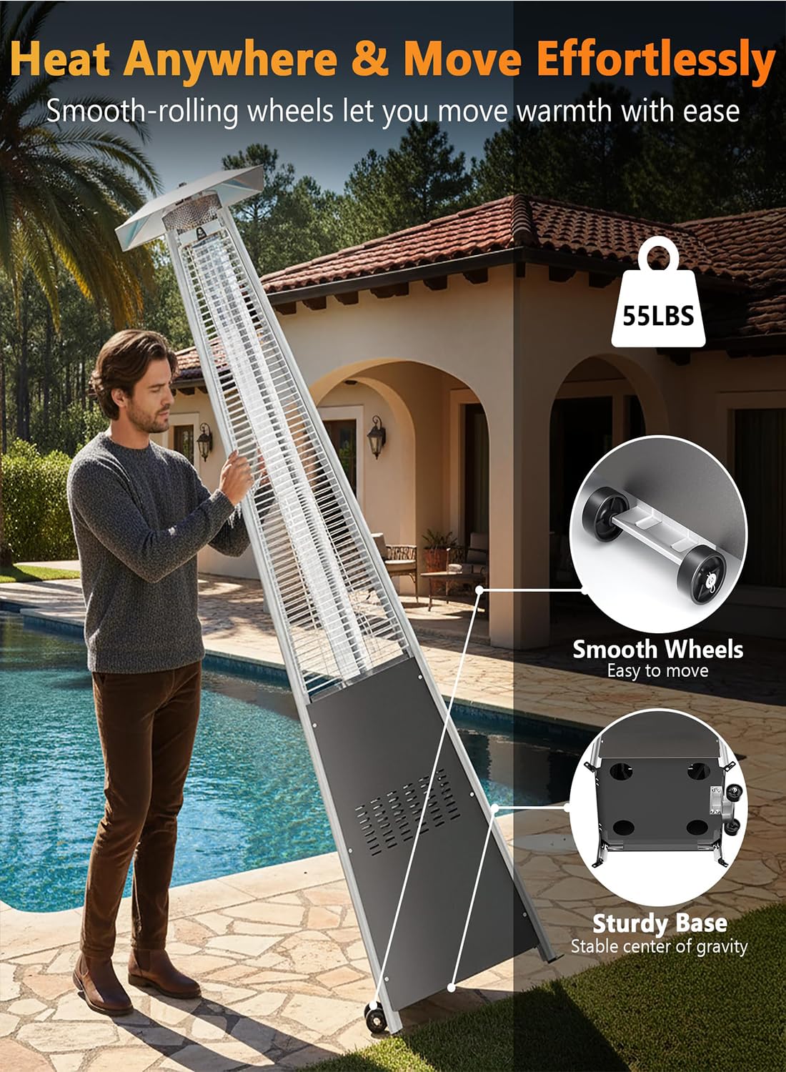 Riscaldatore da Patio a Piramide, Riscaldatore da Esterno a Fiamma Reale in Acciaio Inox, Riscaldatore a Propano da Esterno a Riscaldamento Rapido con Ruote e Copertura Impermeabile