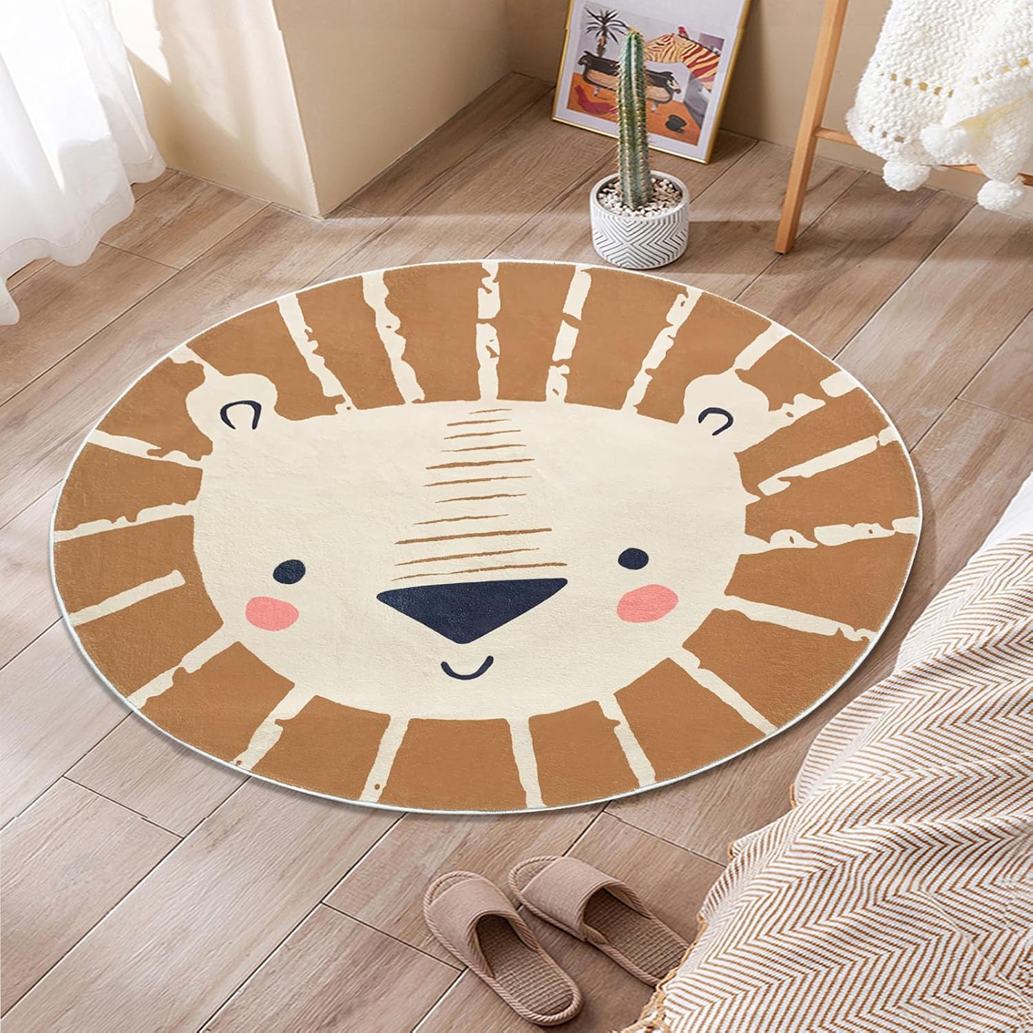 ABREEZE Kids Play Rug 2.6ft, Lion Round Area Rug, Nursery Door Mat, Soft Plush Non-Slip Children's Carpet for Bedroom, Living Room, Playroom