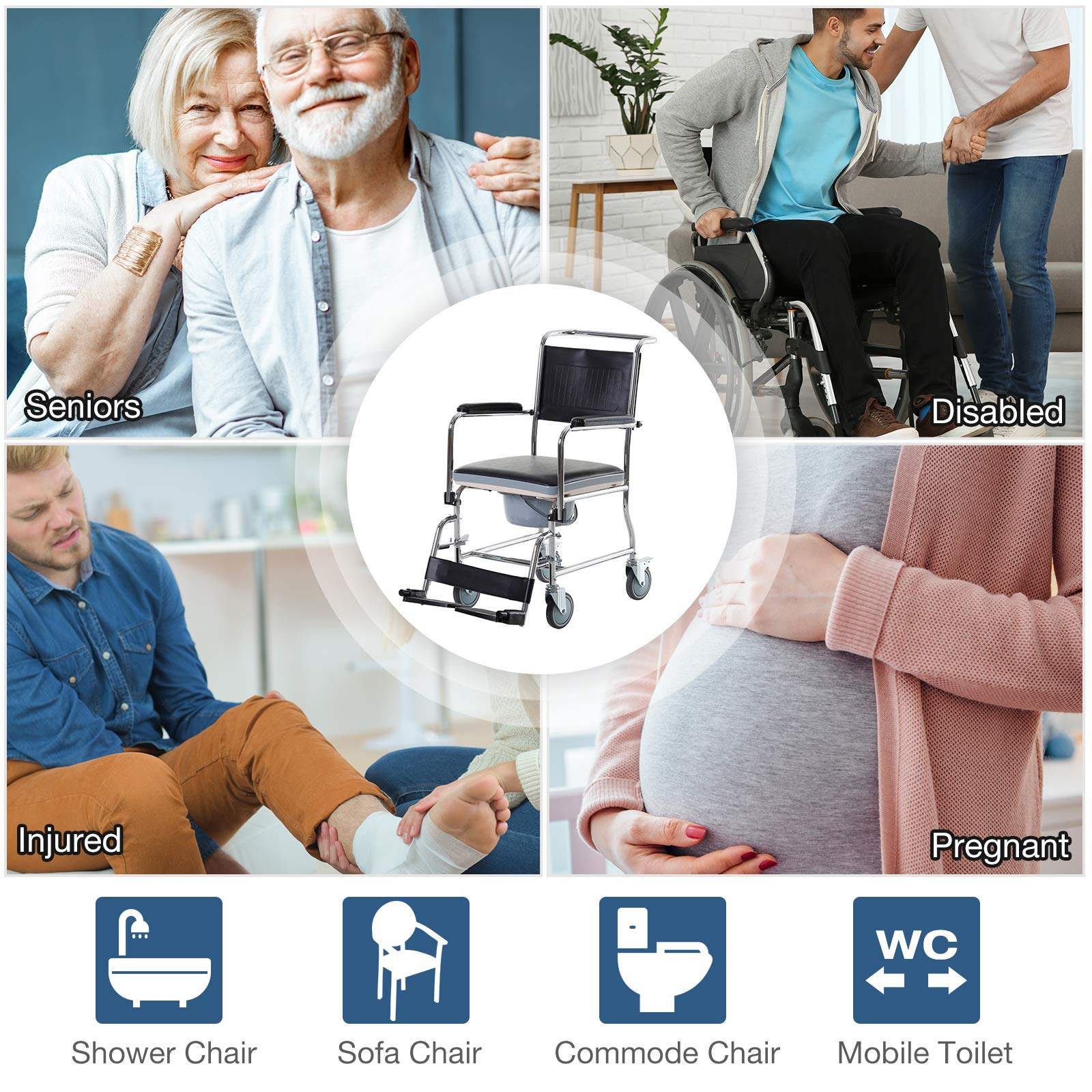Shower Rolling Chair Personal Mobility Assist Bedside Commode