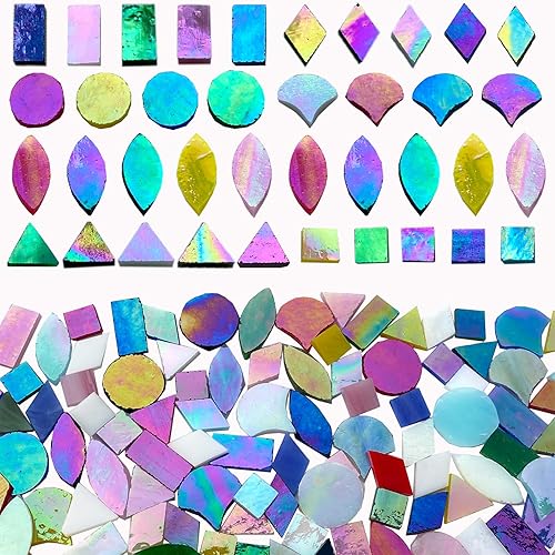 Azulejos de mosaico de vidrio iridiscente de 7 formas para manualidades, piezas de vidrio de mosaico de 9.88 oz para decoración del hogar,
