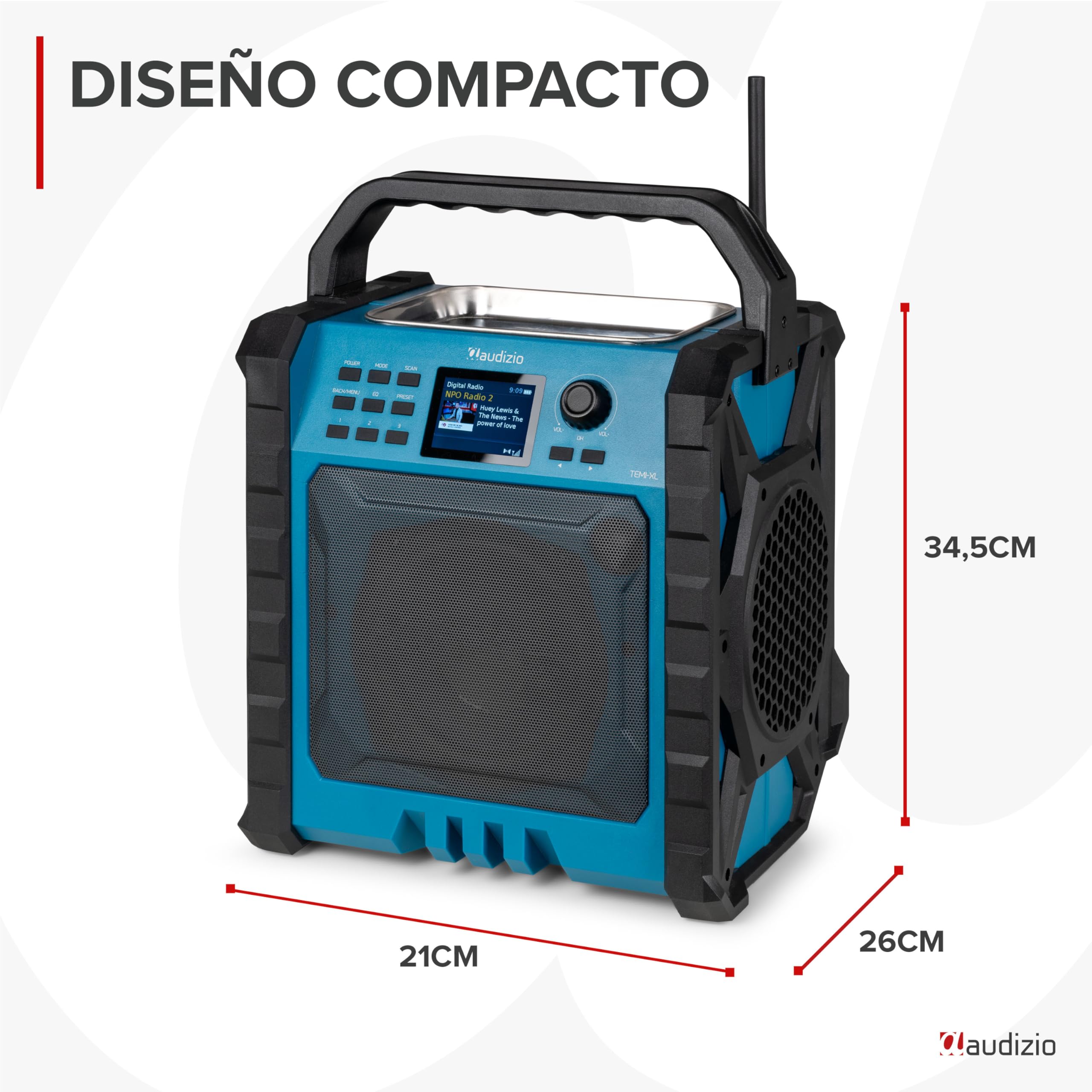 Audizio TEMI XL – Radio de Obra con Bluetooth Dab+ y FM, IP54, batería con duración de hasta 15h, Bandeja magnética y Compartimento para el movil, 200W, Ideal para Taller, jardín, Obra Exterior.