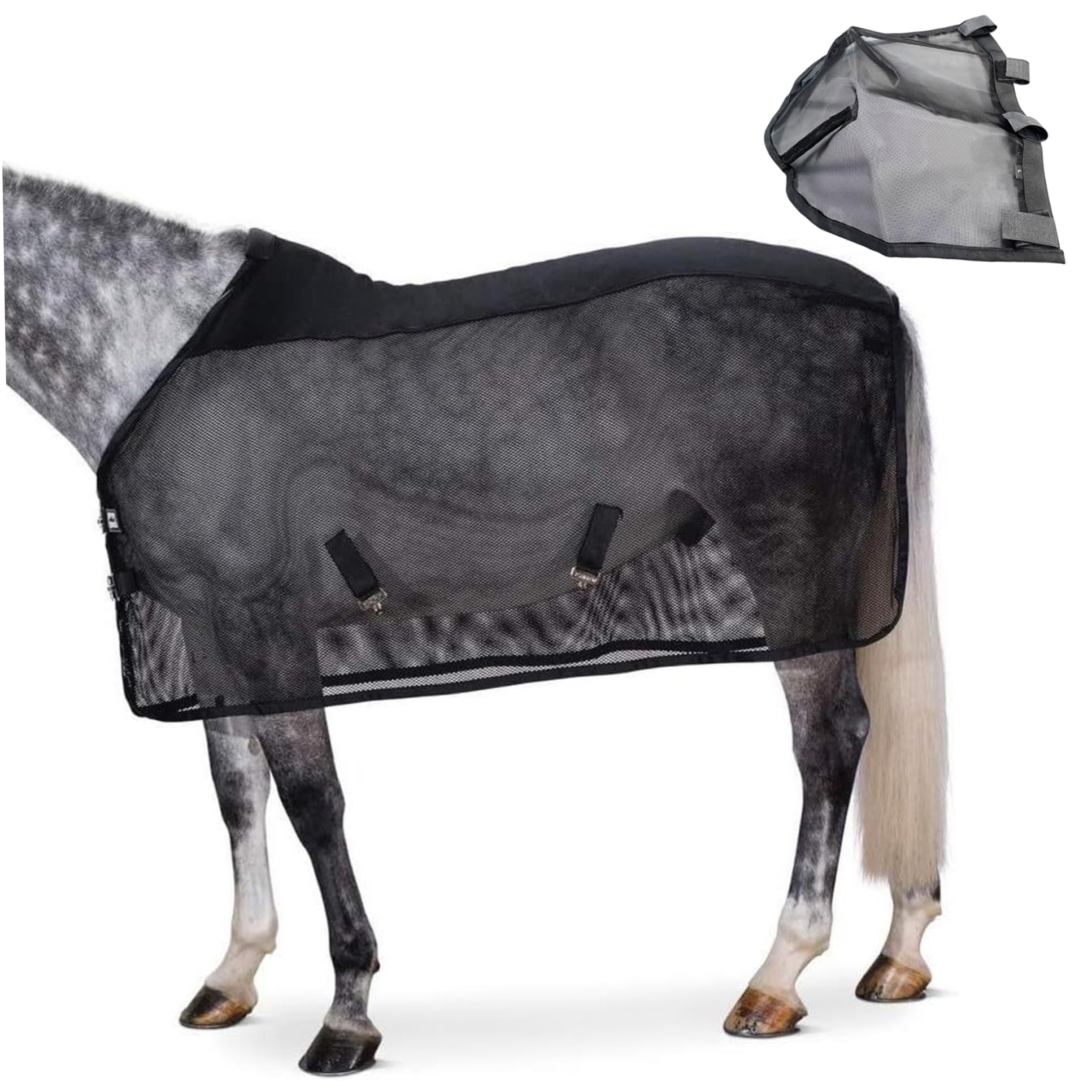Coperta antimosche per cavalli coperta antimosche regolabile in rete con coprinaso traspirante protezione estiva contro gli insetti per pascolo e paddock nera taglia 187 cm/73, 62 pollici