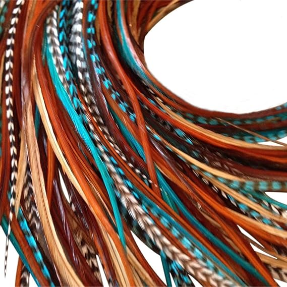 Feather Hair Extensions, 100 Real Rooster Hair Feathers, Long Natural and Turquoise