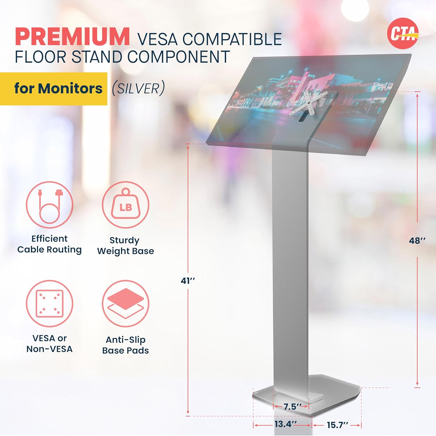 floor stand kiosk - cta heavy-duty vesa compatible floor stand with interior cable routing system and scratch resistant padding on weighted base with kitting capabilities (add-parafss) – silver silver single
