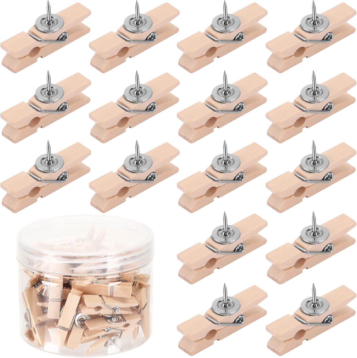 50Pcs Push Pin with Wooden Clips, SANNIX Push Pin Clips for