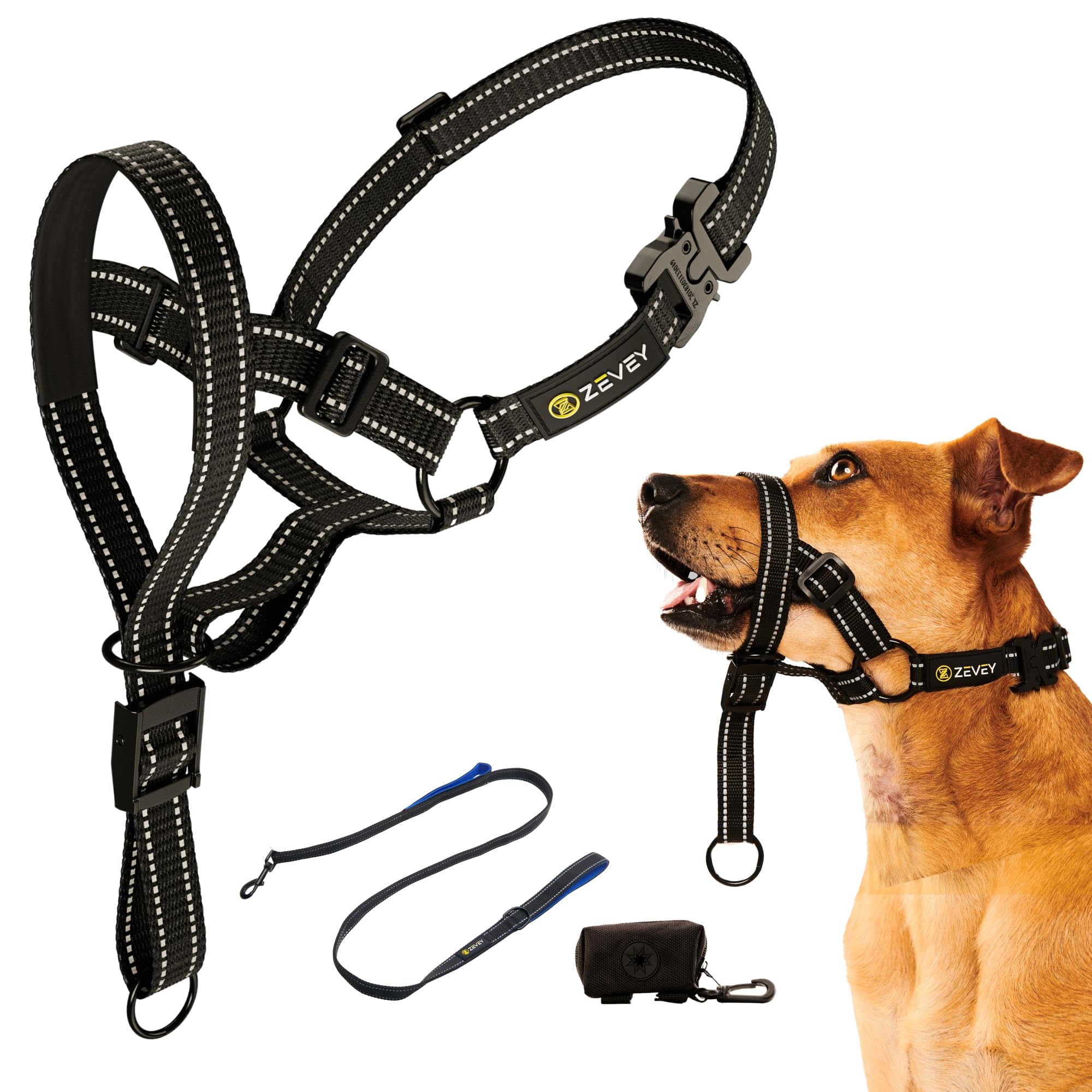 Zevey Dog Headcollar With Leash And Safety Strap Stops Heavy Pulling On The Leash Padded Reflective Head Halter For Small Medium Large Dogs Adjustable