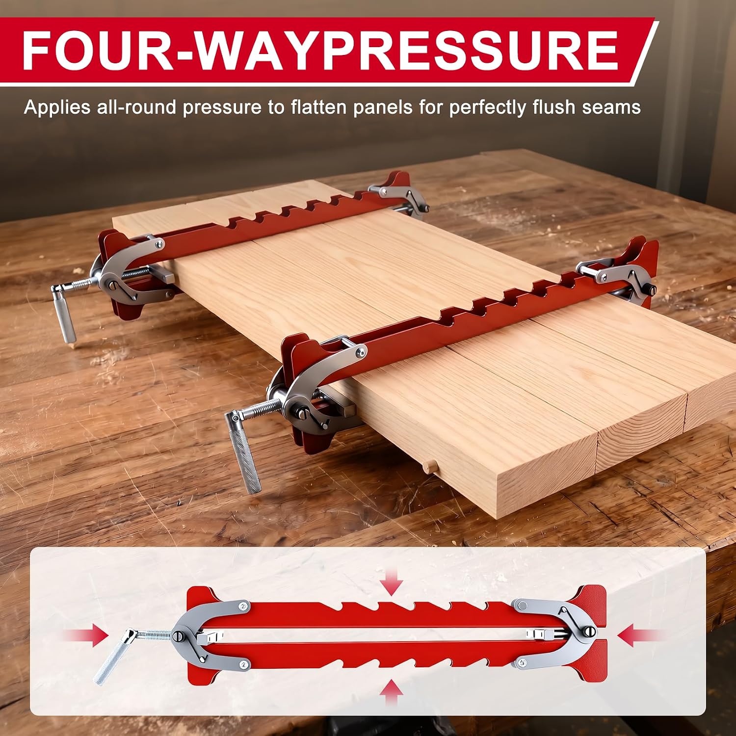 Upgrade 19 Inch Panel Clamps 2 Pack with Storage Rack | 4-Way Heavy Duty Cabinet Clamps with Serrated Rigid Guide Rails, Ideal for Cutting Boards, Small Panels & Cabinet Woodworking