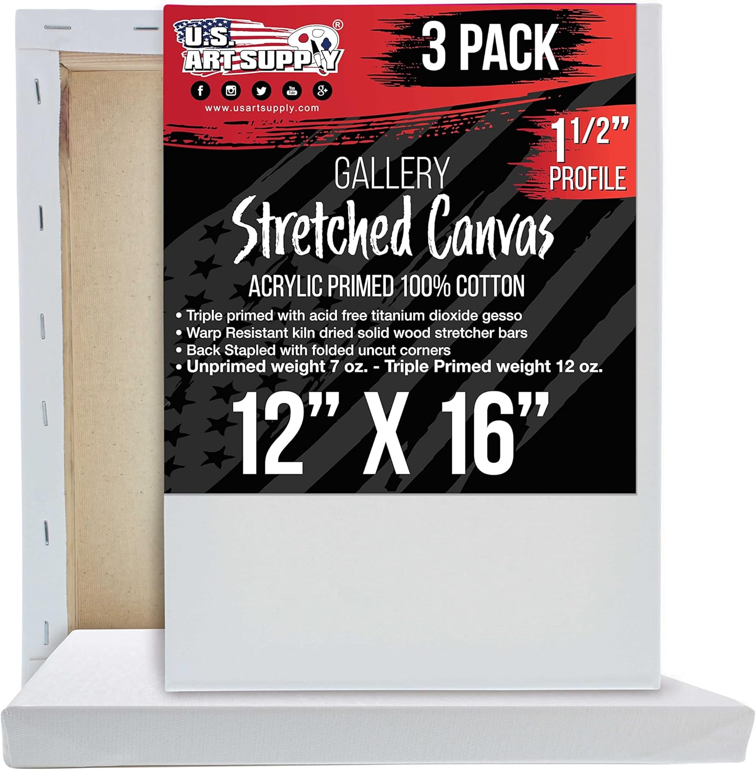 U.S. Art Supply 12 x 16 inch Gallery Depth 1-1/2" Profile Stretched Canvas, 3-Pack - 12-Ounce Acrylic Gesso Triple Primed, Professional Artist Quality, 100% Cotton - Acrylic Pouring, Oil Painting