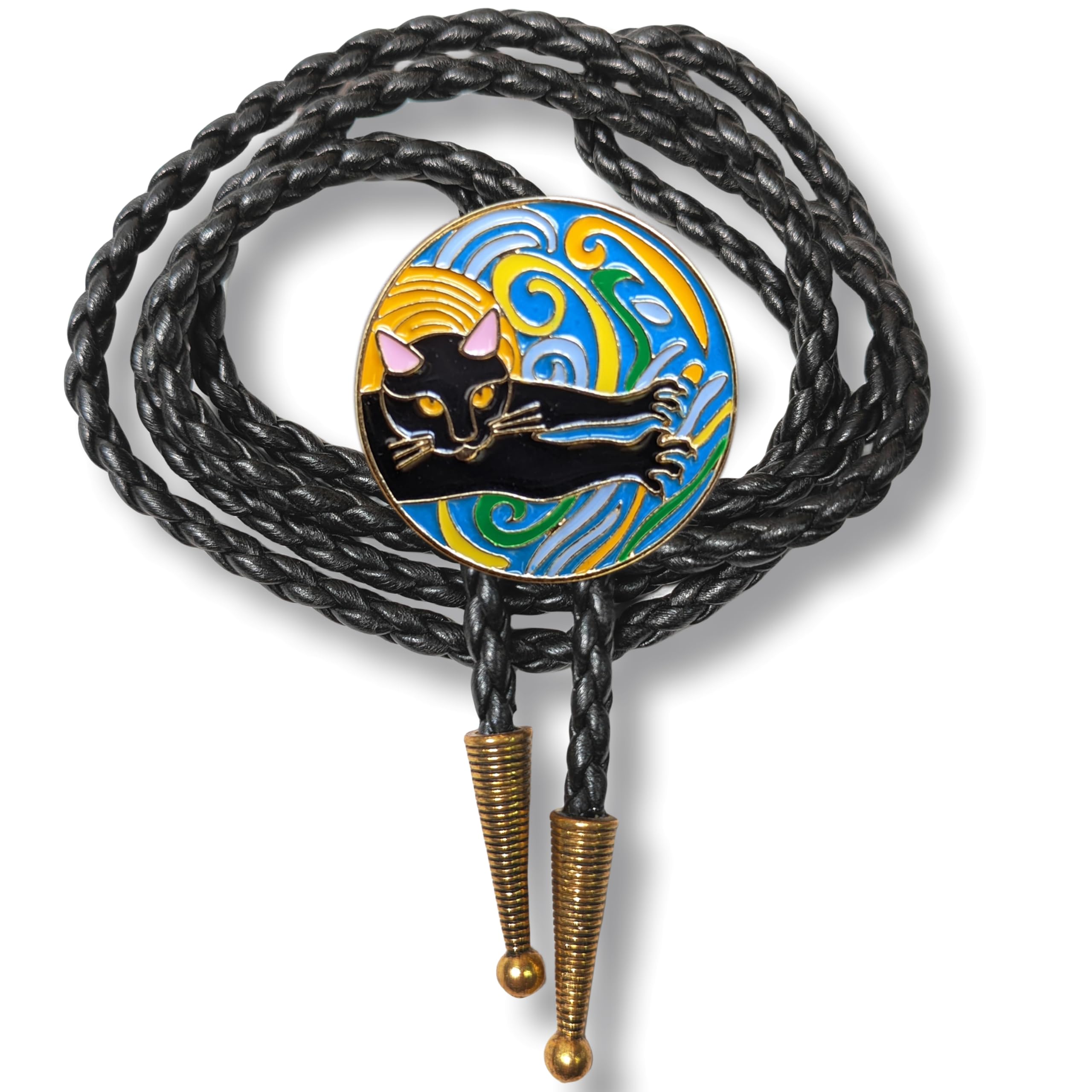 Himongoo Unisex Black Cat Bola Bolo Tie Faux Leather Wedding Necktie For Men Women Western Style Bolo Necktie