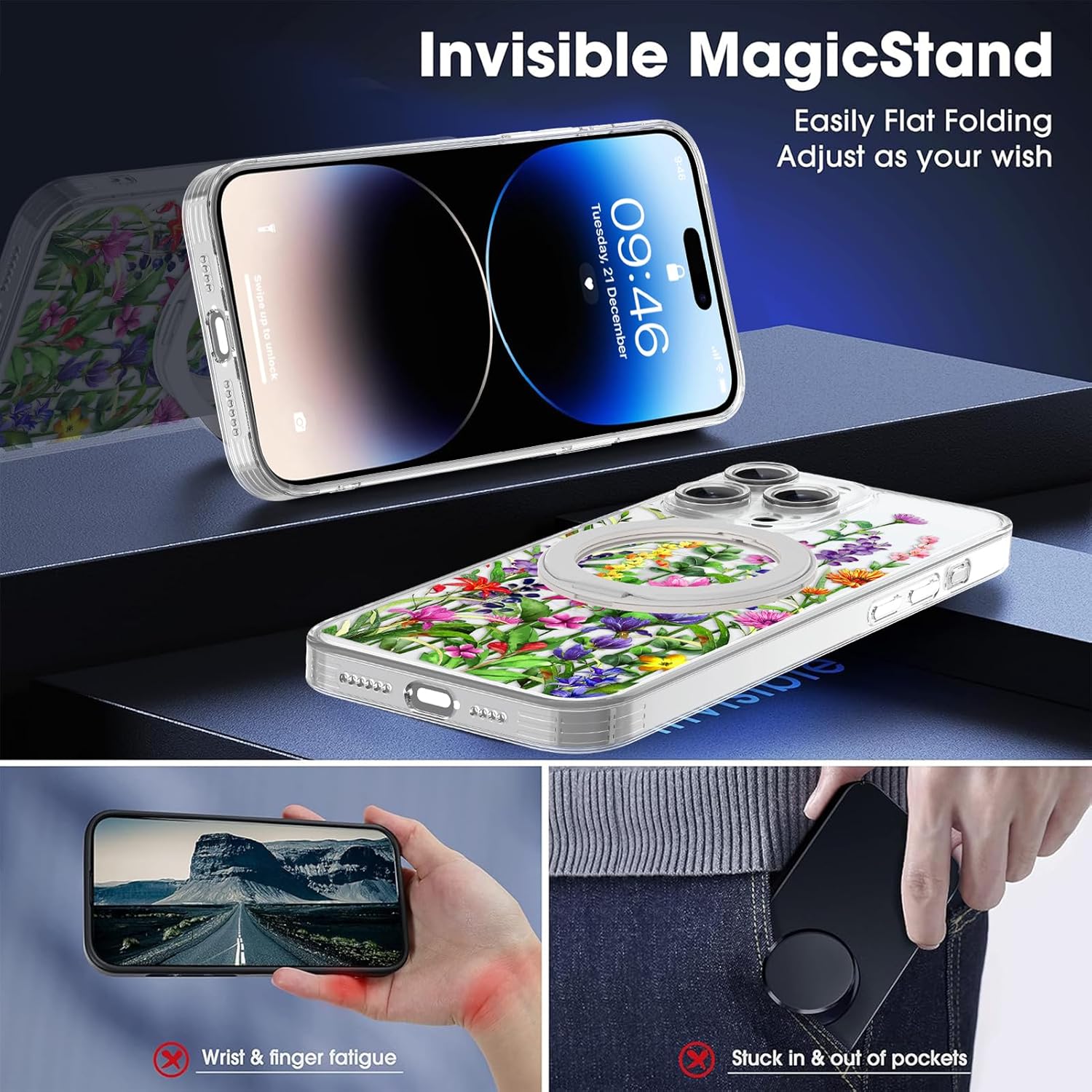 OOK for iPhone 14 Pro Max Case with Kickstand [Wireless Charge Compatible] [10FT MIL-Grade Drop Protection] Clear Case Full Camera Lens Shock Proof Heavy-Duty Protection(6.7)