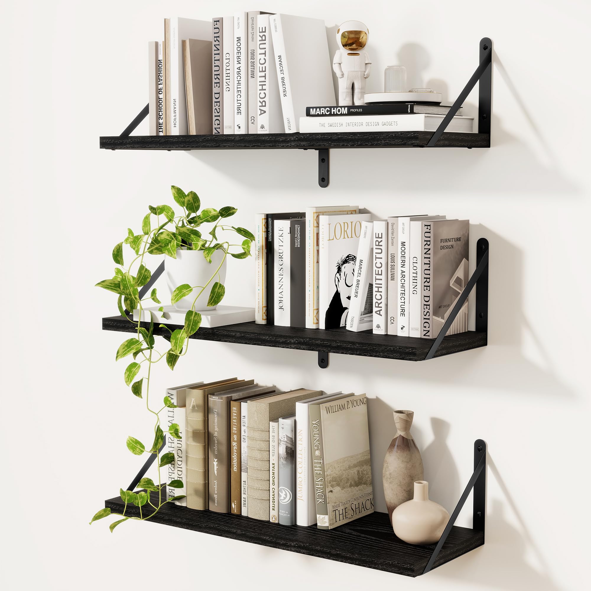 Feihorrm Set of 3 Book Shelf, Black Wall Shelves, 60cm Wall Shelf, Wooden Shelves, Shelves for Wall, Bookshelf for Bedroom, Living Room, Home Office & Book Storage