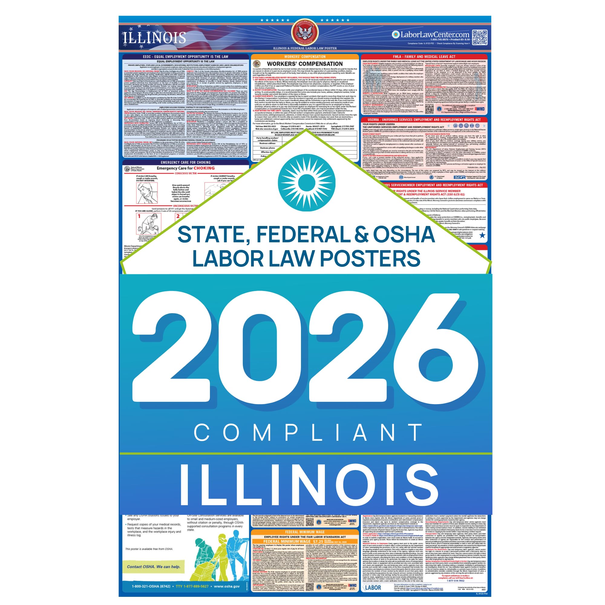 Illinois 2026 Labor Law Poster – State & Federal Compliance – OSHA, EEOC, FMLA, Minimum Wage – Durable, Laminated & Waterproof Workplace Employment