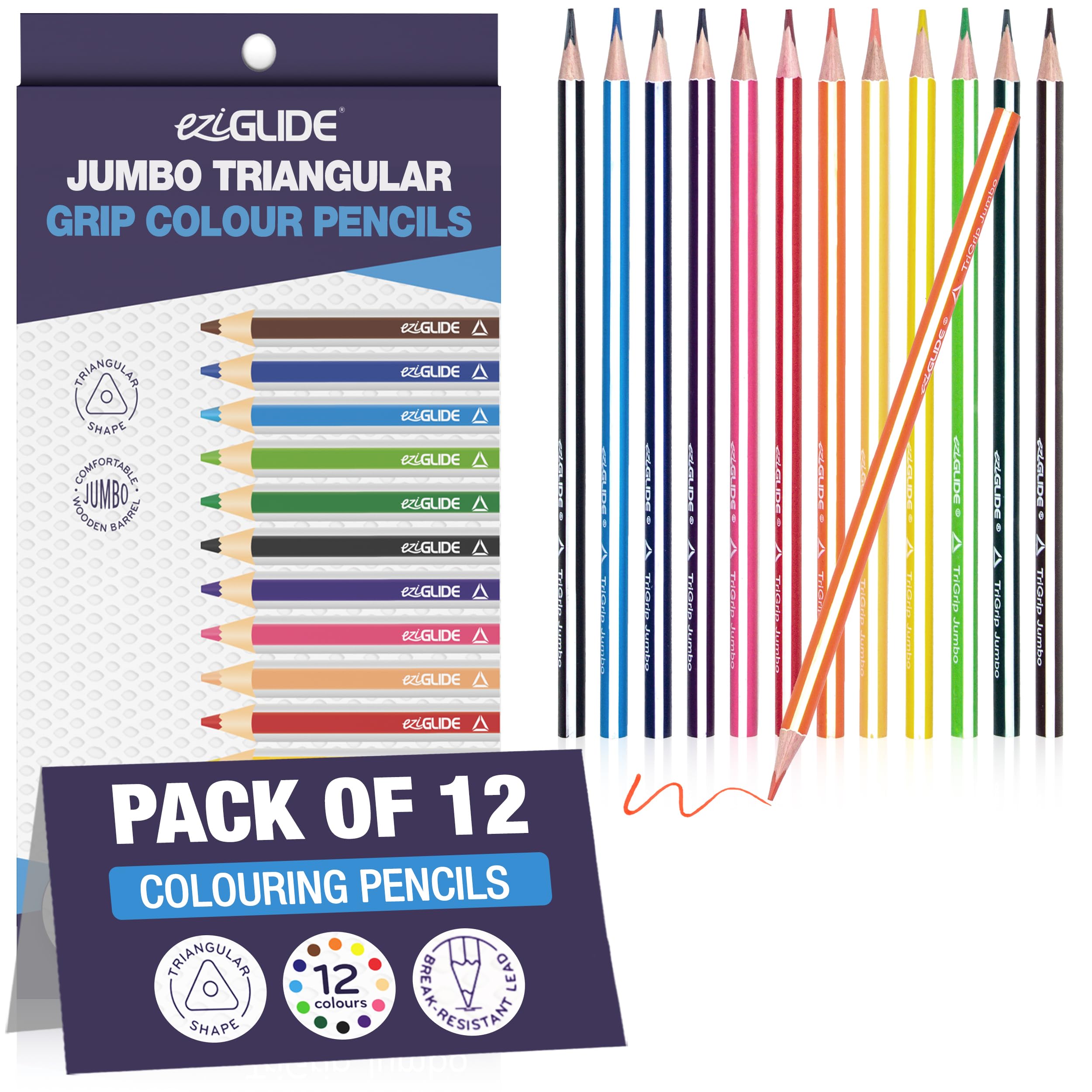 Eziglide Jumbo TriGrip Colouring Pencils, Pack of 12 Triangular Pencils, Break resistant super bonded lead, 12 Assorted high pigment colours, Improves children's pencil grip, comfort and control
