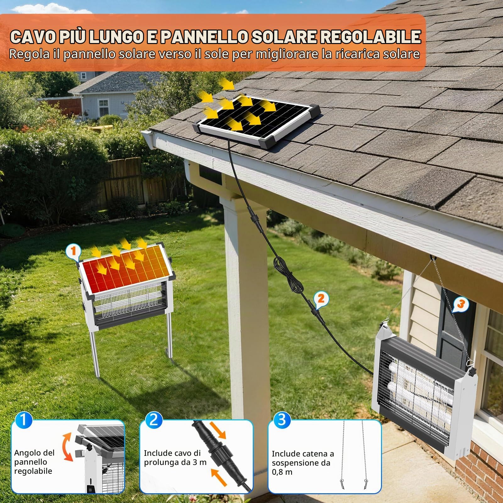 Zapper Zapper per insetti solare per esterni, impermeabile, 4500 V, ricaricabile, con sensore a pannello solare, accensione e spegnimento automatico, cavo di prolunga da 3 m e zapper insetti a energia