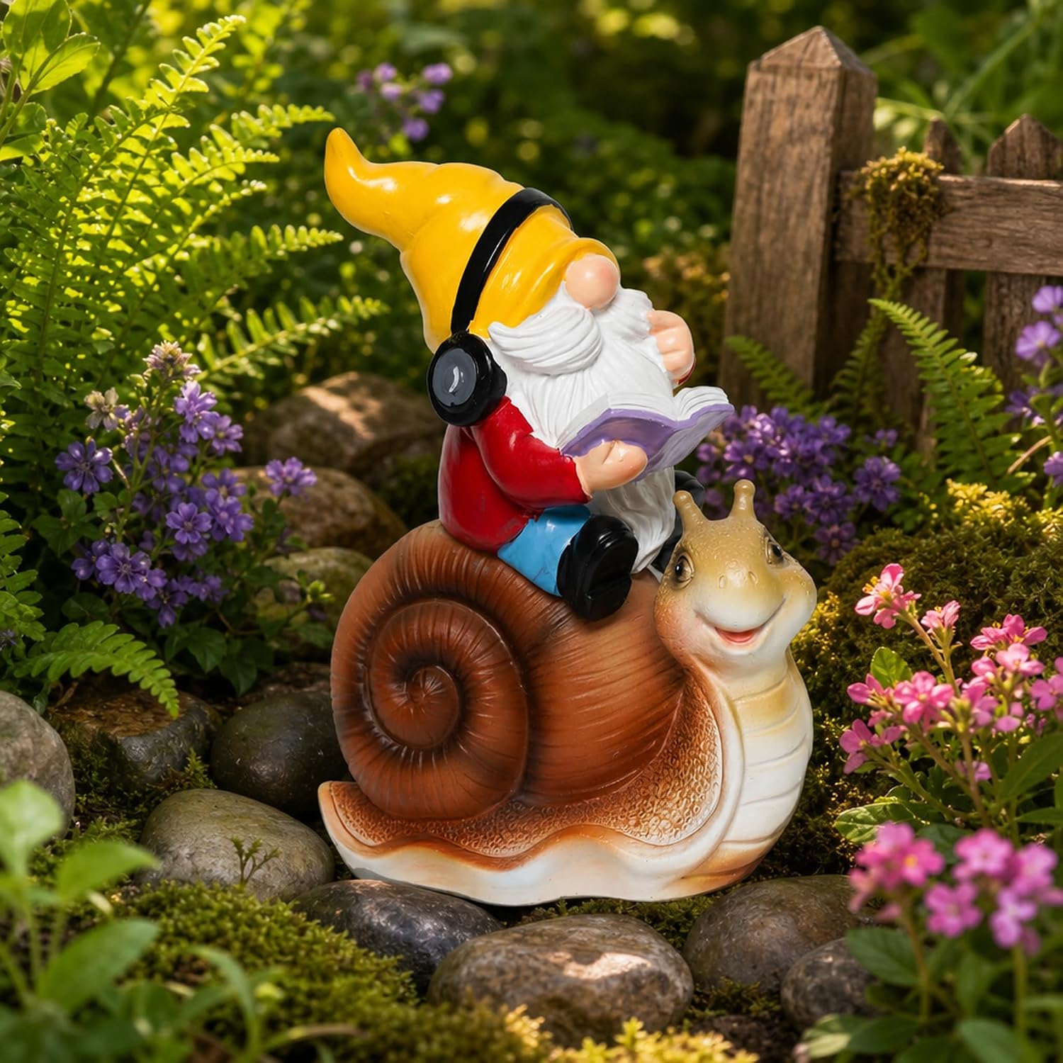 Ferrisland Solar Garden Gnome Statue with LED Lights, Reading Gnome Wearing Headphones Riding Snail Figurine, Waterproof Resin Outdoor Decor for Patio Yard Lawn, Funny Whimsical Garden Ornament Gift