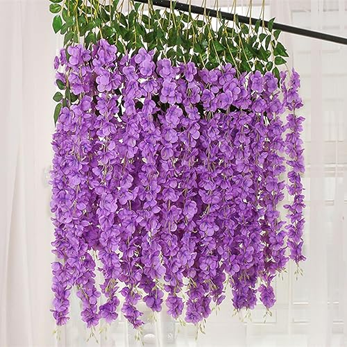 Miniatura 5 de Paquete de 5 guirnaldas de flores colgantes de glicina morada, enredaderas de flores artificiales de 3.77 pies, glicinia falsa, guirnalda colgante
