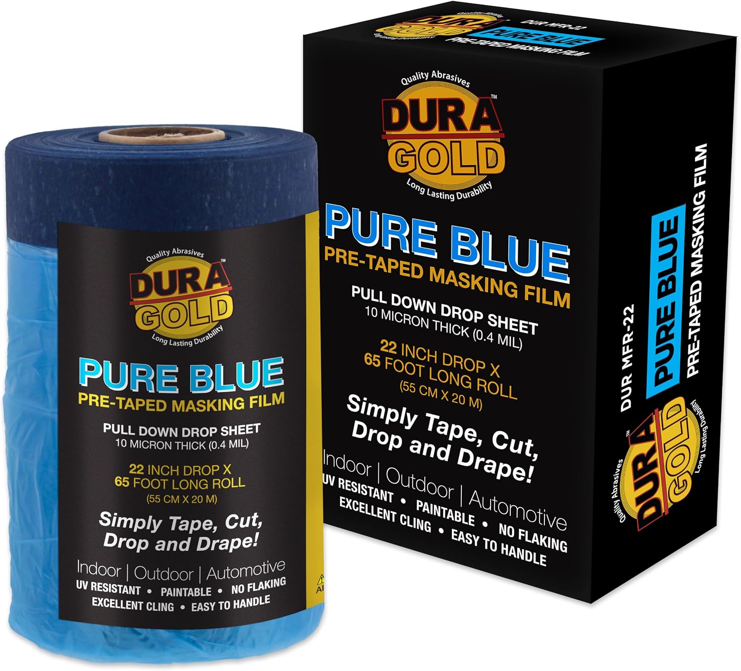 Dura-Gold Pure Blue Pre-Taped Masking Film, (4 Pack of 22, 43", 71", 106") Painters Plastic Roll, Pull Down Drop Sheet, Pre-Taped Plastic Sheeting for Painting Protection on Auto, Walls, Furniture