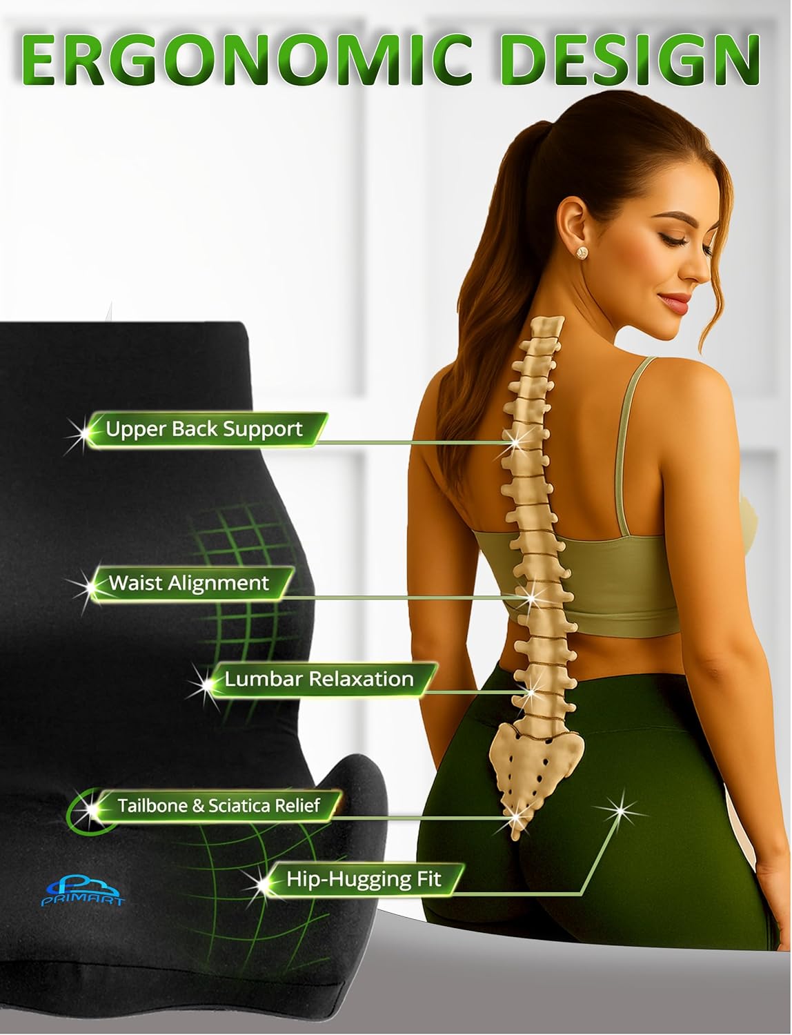 Ergonomic Memory Foam Seat Cushion for Office Chair, Car Seat, Dining, Gaming Chair & Wheelchair, Full Back & Lumbar Support Pillow One Piece, Back Pain Relief, Coccyx, Tailbone & Sciatica Pain Relief - Image 3