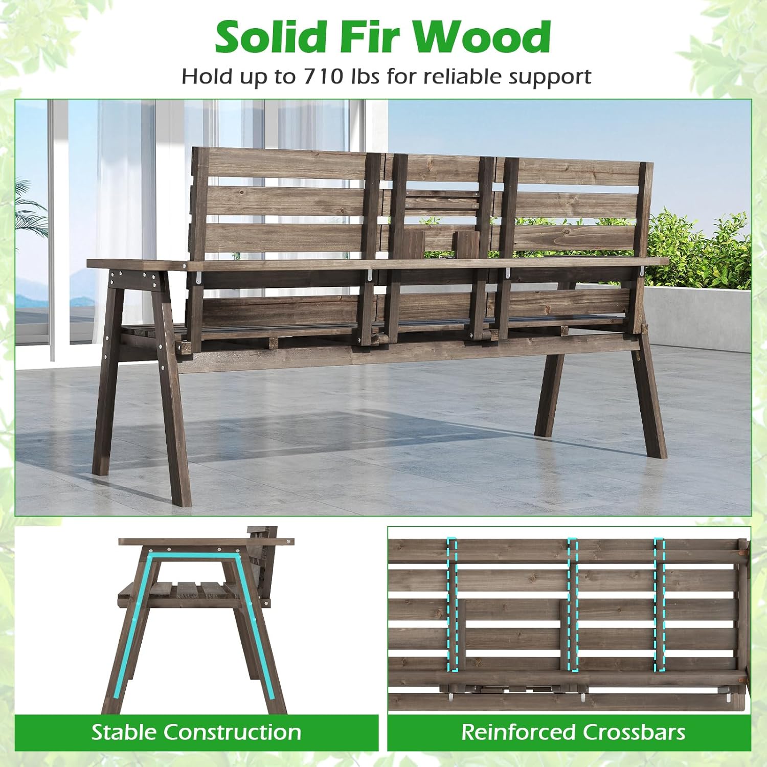 HAPPYGRILL Outdoor Fir Wood Bench with Foldable Middle Table, 2-3 Person Patio Garden Bench with Armrests and Backrests, Wooden Loveseat Chair with 710lbs Capacity (Coffee)