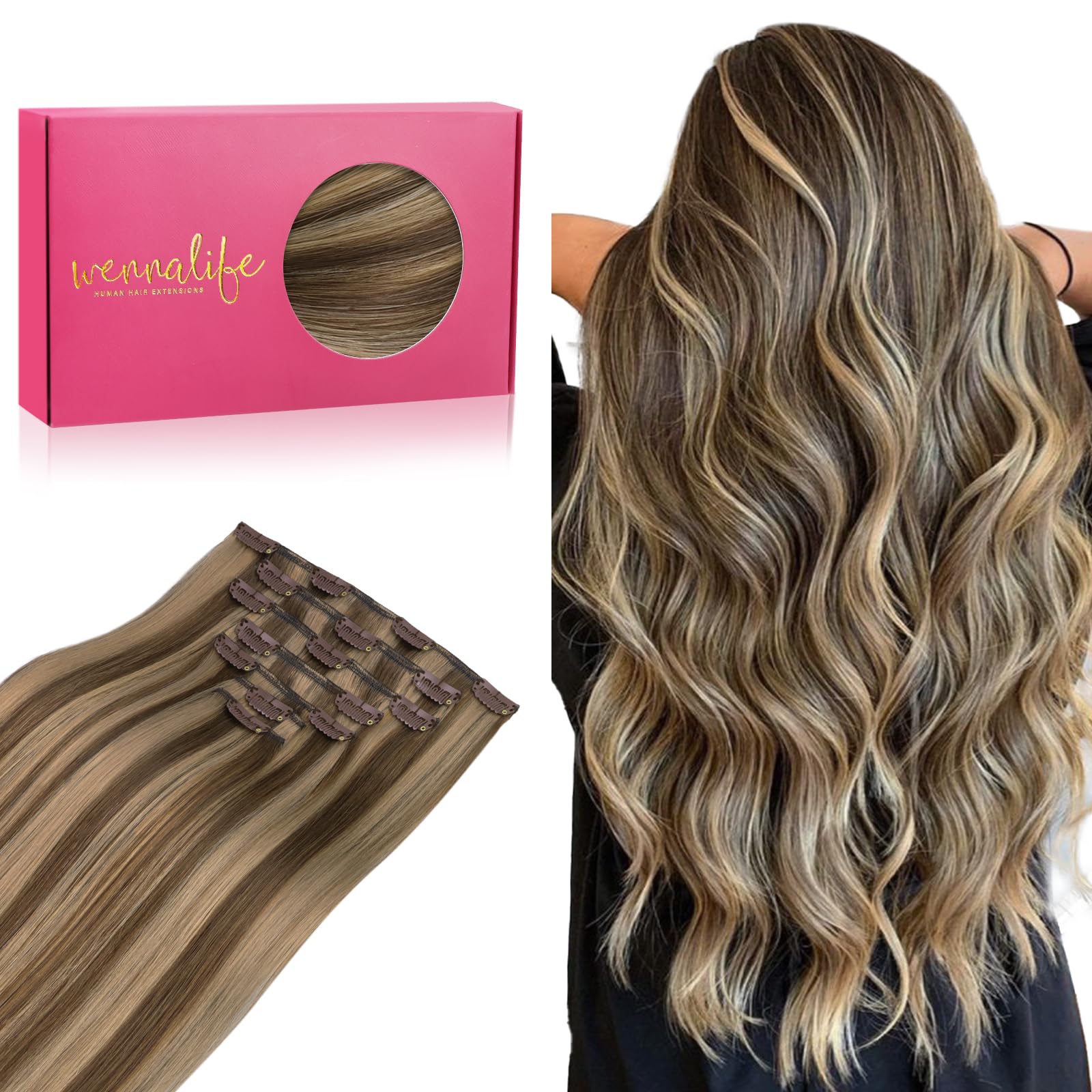 WENNALIFE Clip in Hair Extensions Real Human Hair, 16 Inch 120g 7pcs Remy Hair, Balayage Chocolate Brown to Caramel Blonde Hair Extensions Clip In