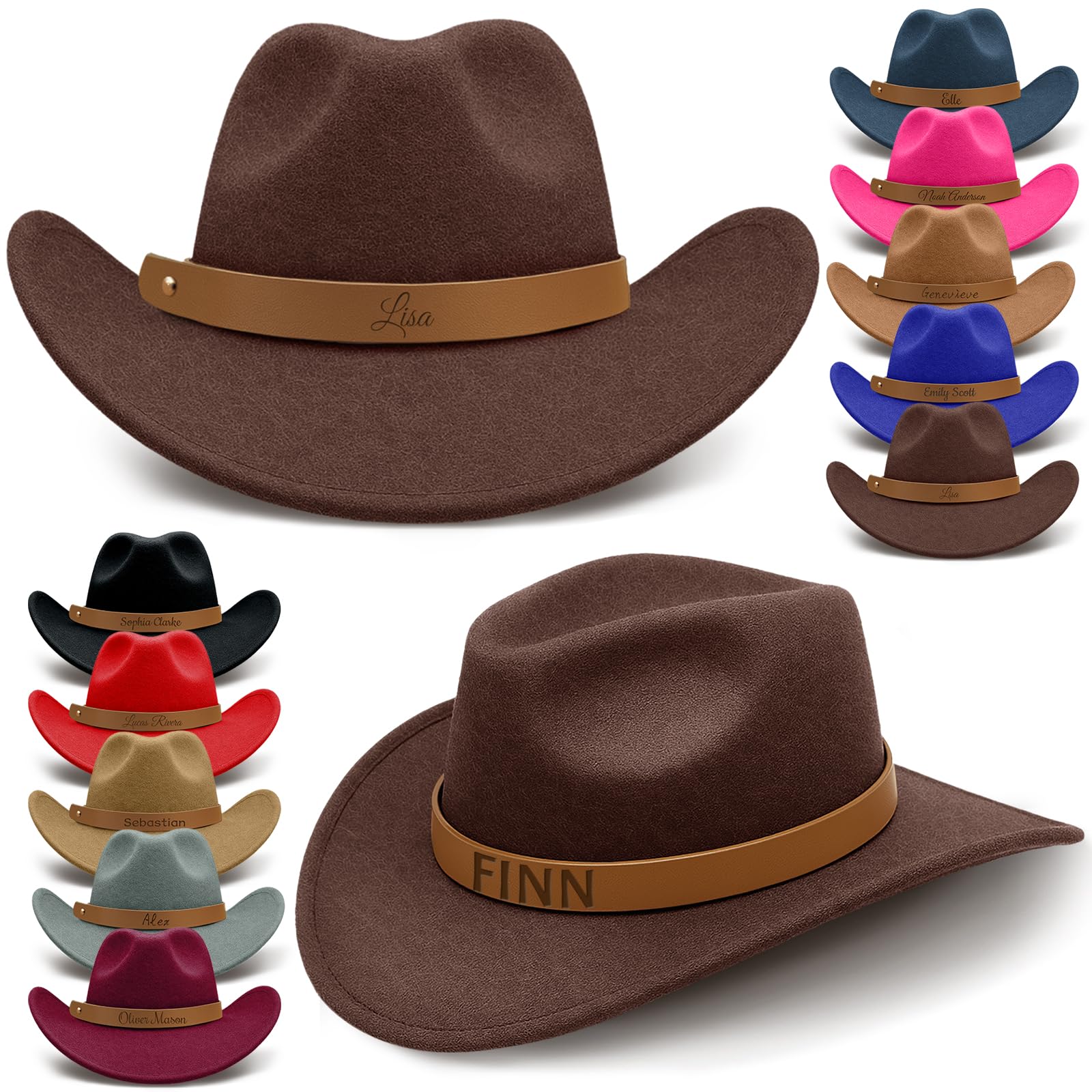 Custom Cowboy Hats for Women Men Personalized Western Cowboy Hat with Name Leather Hatband for Toddler Adult Brown