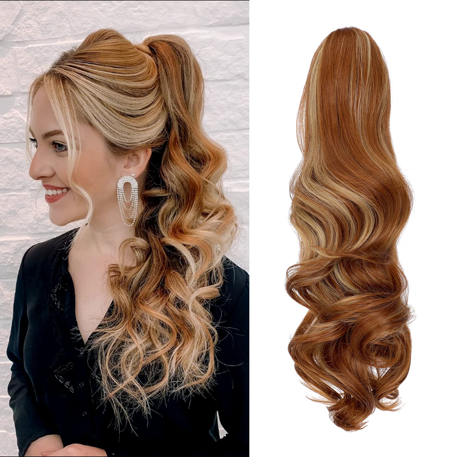 Leterly Ponytail Extension Clip in Claw 18" Curly Wavy Pony Tails Clip-on Long Hairpiece Jaw for Women Light Auburn Mix Ash Blonde
