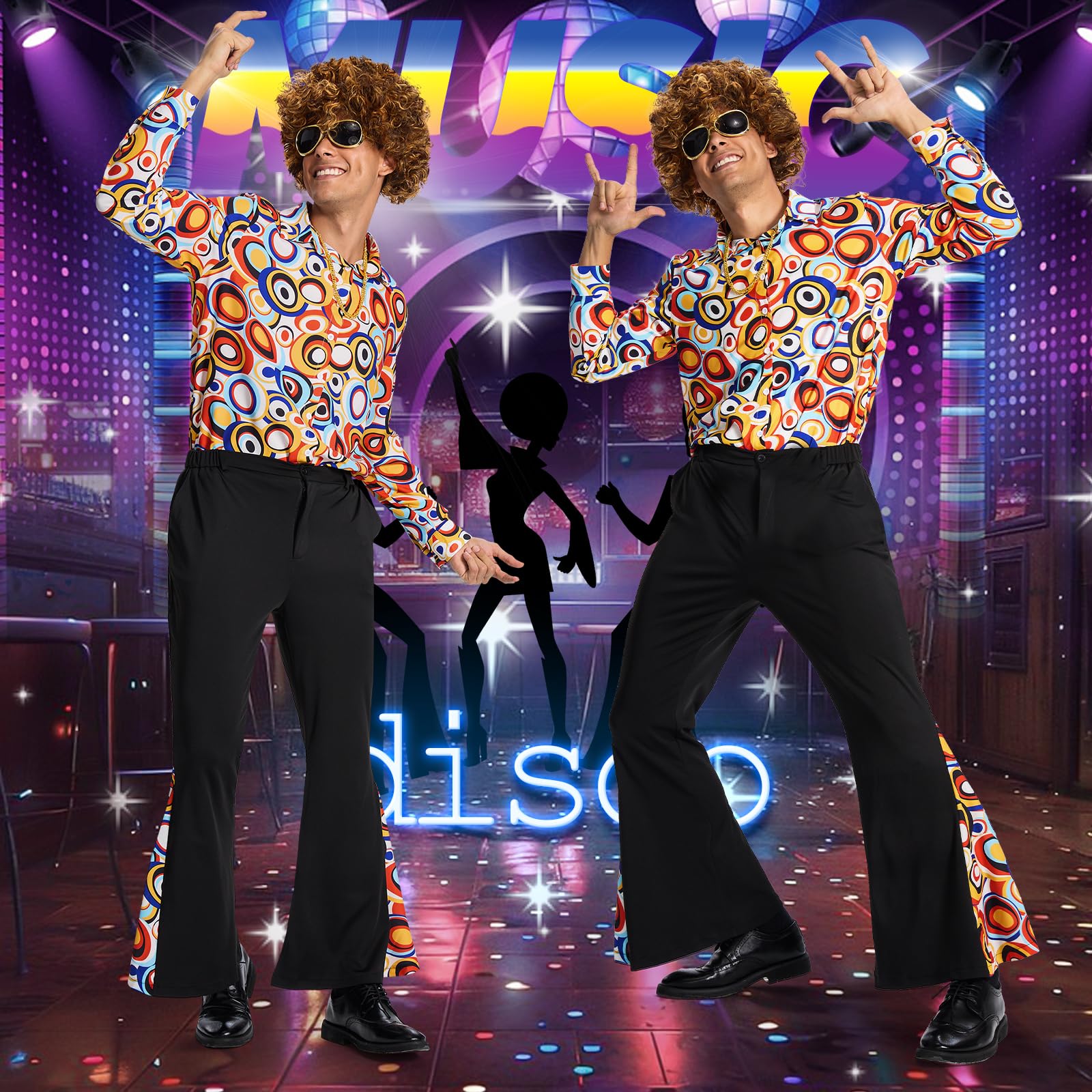 Ulikey Déguisement Année 70 Homme, Tenue Année 6070 Hommes Ensemble de Costume Rétro Hippie avec Perruque, Chemise, Pantalon à Pattes d'éléphant et Accessoires Disco pour Carnaval