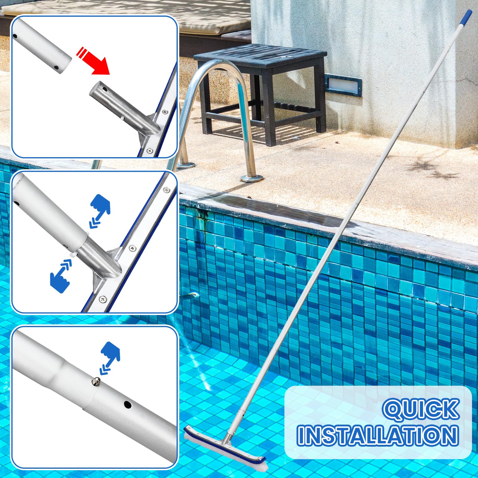Thenshop Schwimmbadbürste mit verstellbarer Aluminiumstange, 43,2 cm breite Wandbürste mit Verlängerungsgriff bis zu 2,5 m gebogene Borsten, Schnappverschluss-Design für Innen- und oberirdische Pools