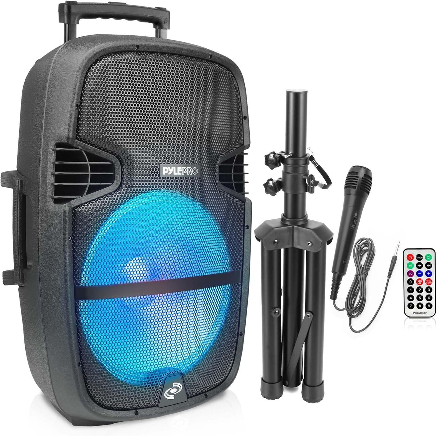 Pyle Portable Bluetooth PA Speaker System - 1000W Outdoor Speaker with 15" Subwoofer, USB/SD Reader, FM Radio, LED Lights, Wheels, Remote Control, Tripod, & Microphone Input