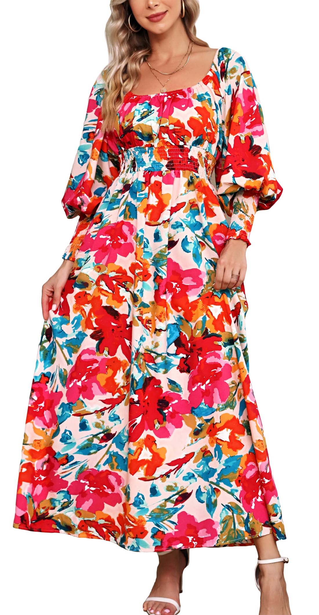 KormeiWomen Square Neck Lantern Long Sleeve Smocked Waist A line Floral Dress Side Pockets Casual Long Maxi Dress