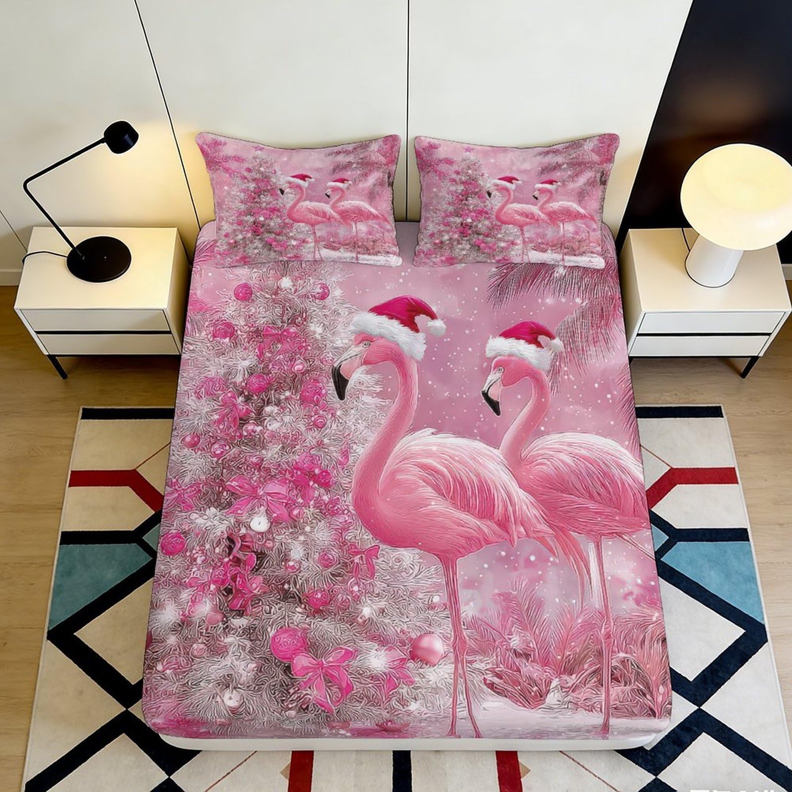3D Printed Pink Flamingo Fitted Sheet Microfiber Deep Pocket Non-Slip Bedroom Set Pink Flamingo Mattress Fitted Cover Soft Washable for Adults Teens 90x200x25cm