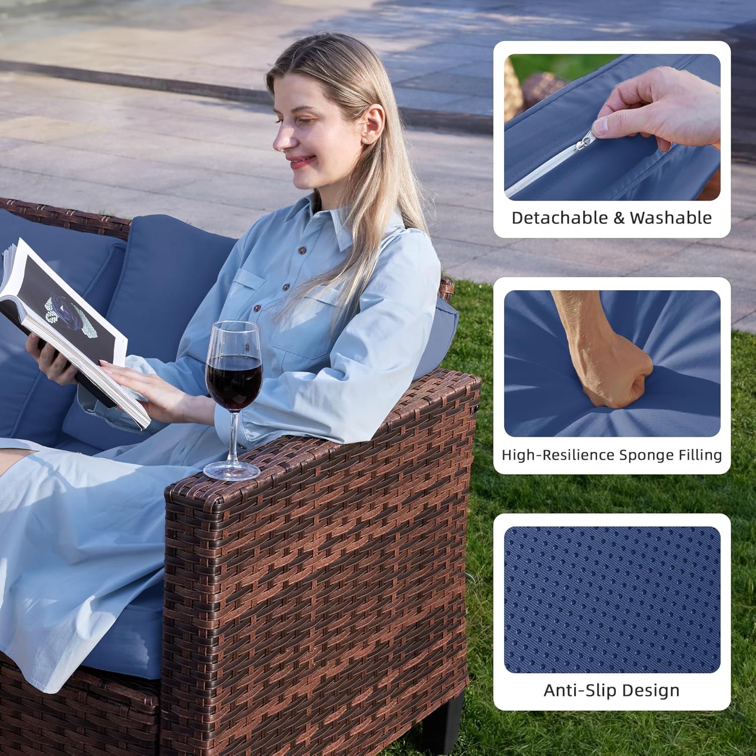 UDPATIO Patio Furniture Set, 5 Pieces Outdoor Conversation Sets with Rocking Swivel Chairs, Wicker Rattan Outdoor Sofa Set with Storage Table and Waterproof Covers for Backyard, Deck, Porch, Navy