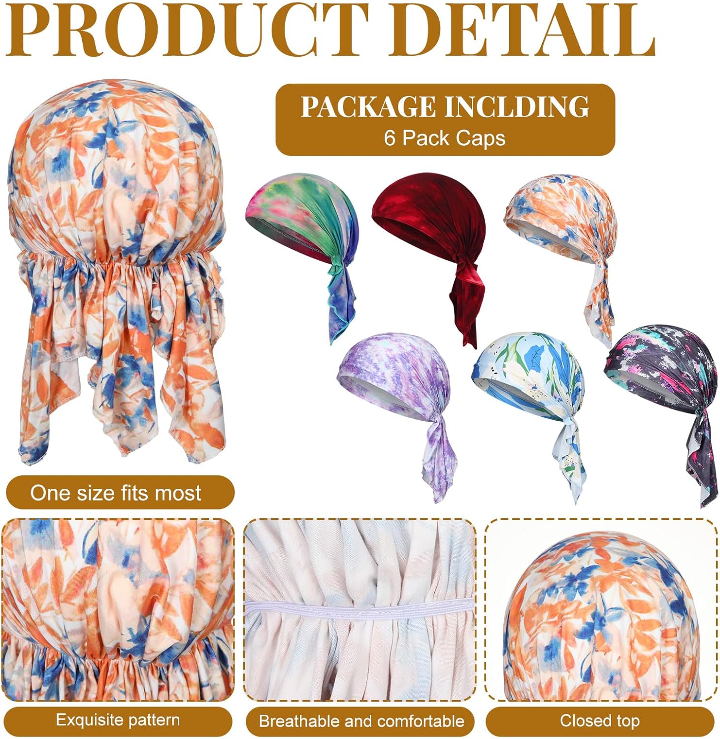 Geyoga 6 Pcs Pre-Tied Head Scarves for Women, Slip-on Headscarf Turban Hat with Stretch Print Ruffle Chemo Head Headwraps - Image 6