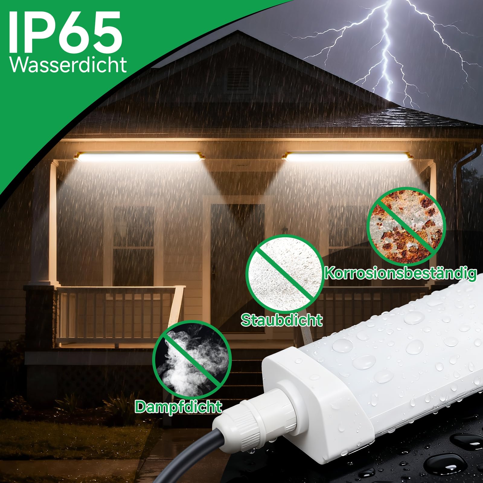 LED Feuchtraumleuchte 120CM,IP65 Wasserfest,36W 6600LM 4000K Neutralweiß,Deckenleuchte Röhre in Reihenschaltung, SDCM＜6, Ra＞80, Feuchtraumlampe für Garage,Lagerhaus,Büro,Keller - 2 Stück