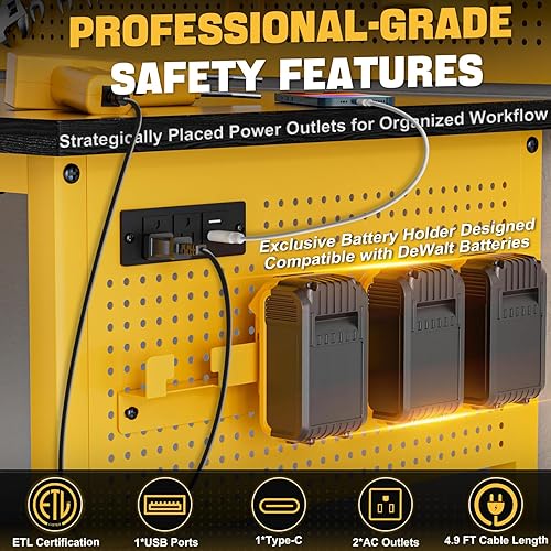 Miniatura 5 de Banco de trabajo ajustable resistente de 47 pulgadas con tomas de corriente, tablero de clavijas y ruedas de bloqueo, mesa de trabajo de garaje de