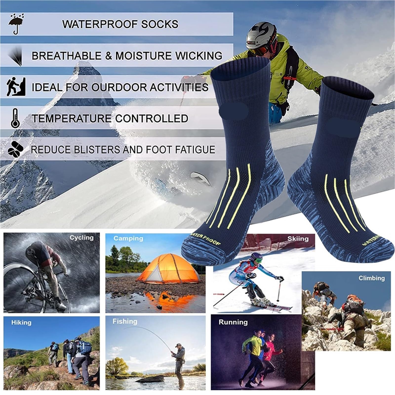 Chaussettes imperméables for Hommes, randonnée, équitation, Ski, Cyclisme, Camping, pêche, Sport, Neige, Chaussettes Thermiques Chaudes d'hiver, membranes PORELLE