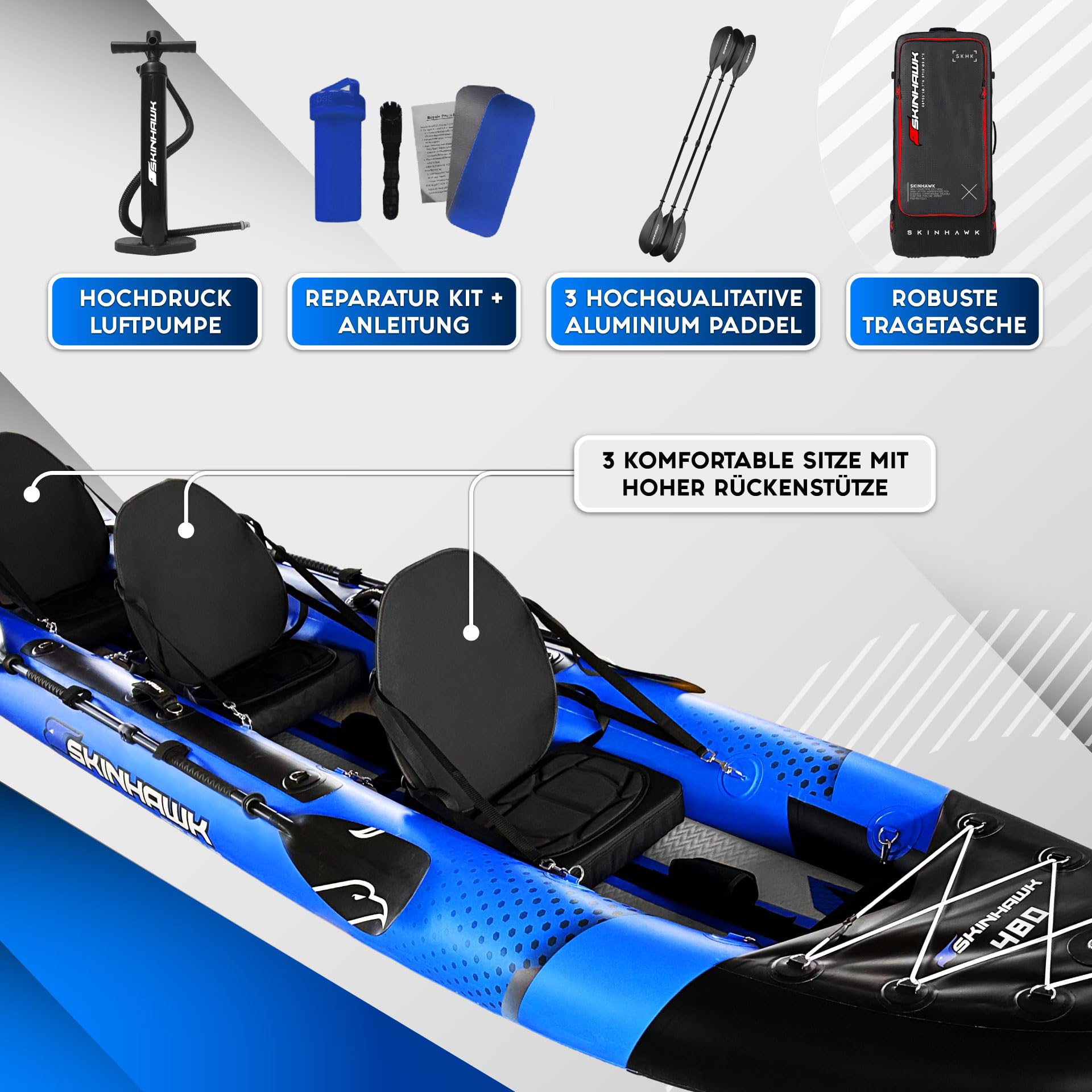 SKINHAWK Exclusiv Blau Kajak Set 480 – Schlauchboot – Kanu - 480 x 96 cm - 3 Personen Kajak
