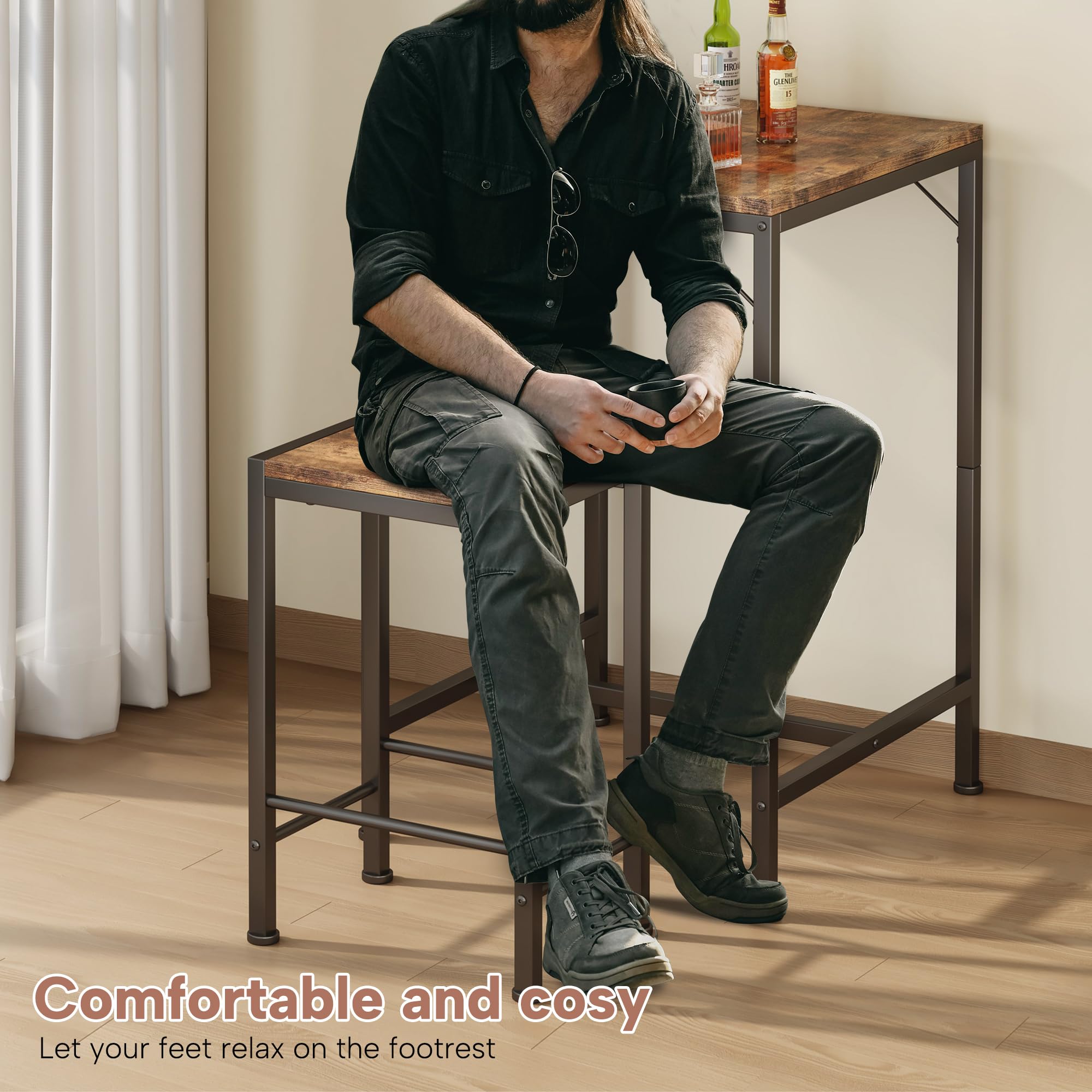 Juego de mesa y sillas de bar, mesa de bar cuadrada con 2 taburetes, juego de comedor que ahorra espacio para 2, perfecto para cocina, rincón de desayuno, sala de estar y espacios pequeños 5