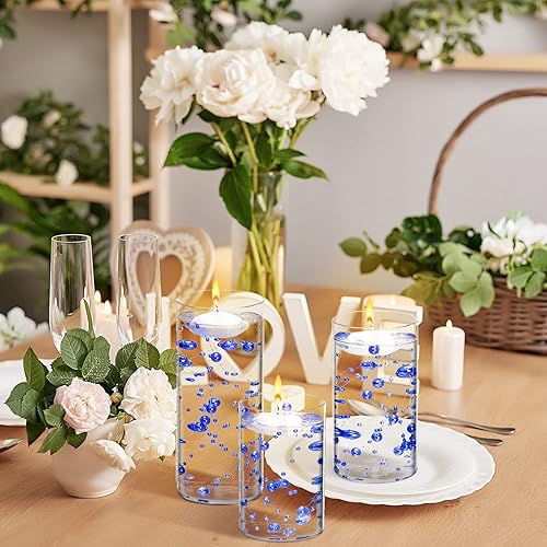 Miniatura 5 de Hoolerry Juego de 9 jarrones cilíndricos de vidrio para centros de mesa, portavelas transparentes de huracán de varios tamaños con velas flotantes,
