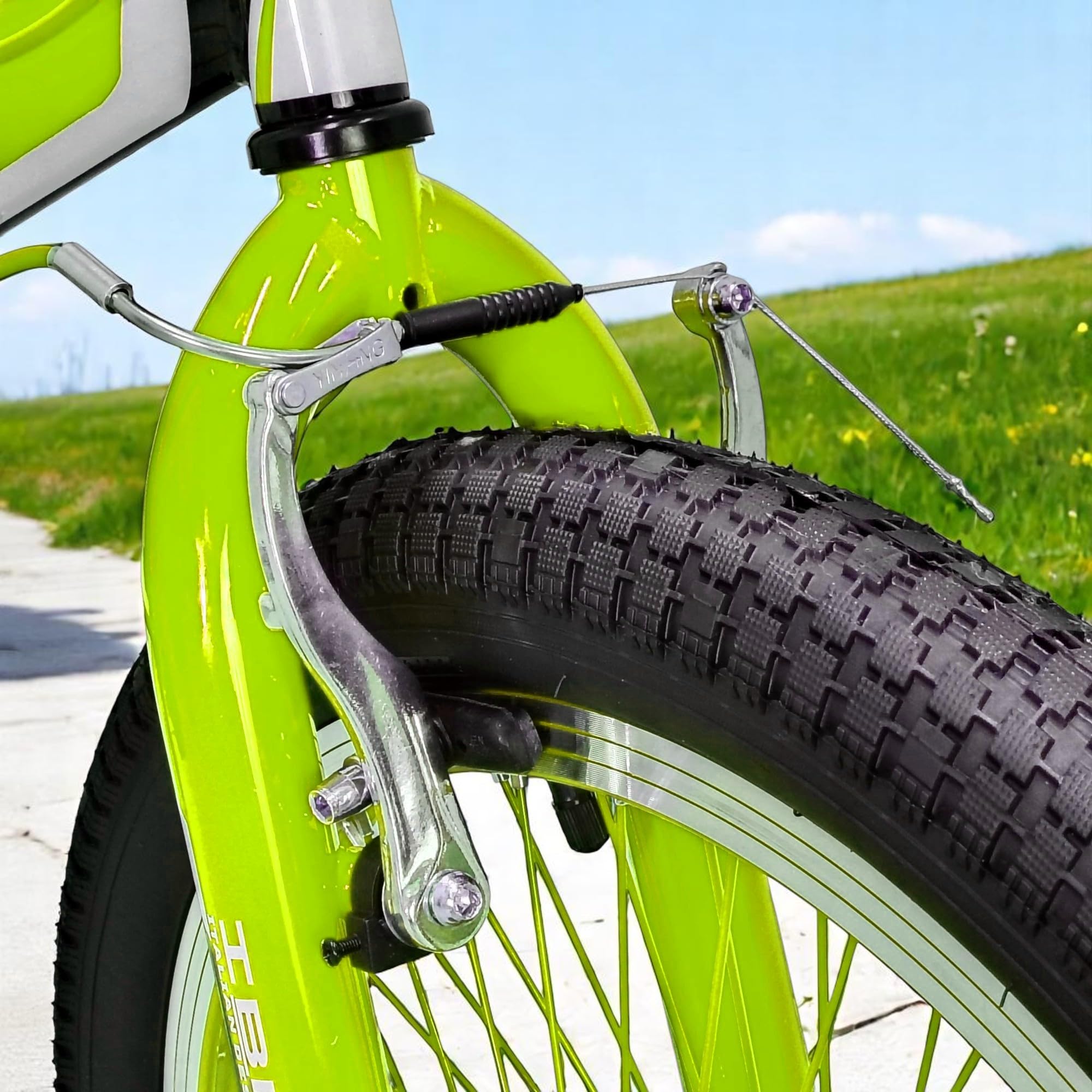 IBK Bici BMX da 20'' pollici, bicicletta Freestyle leggera, Sistema Sterzo Rotore a 360°, poggiapiedi, paracatena, ruota libera, monovelocità, verde, rossa, blu