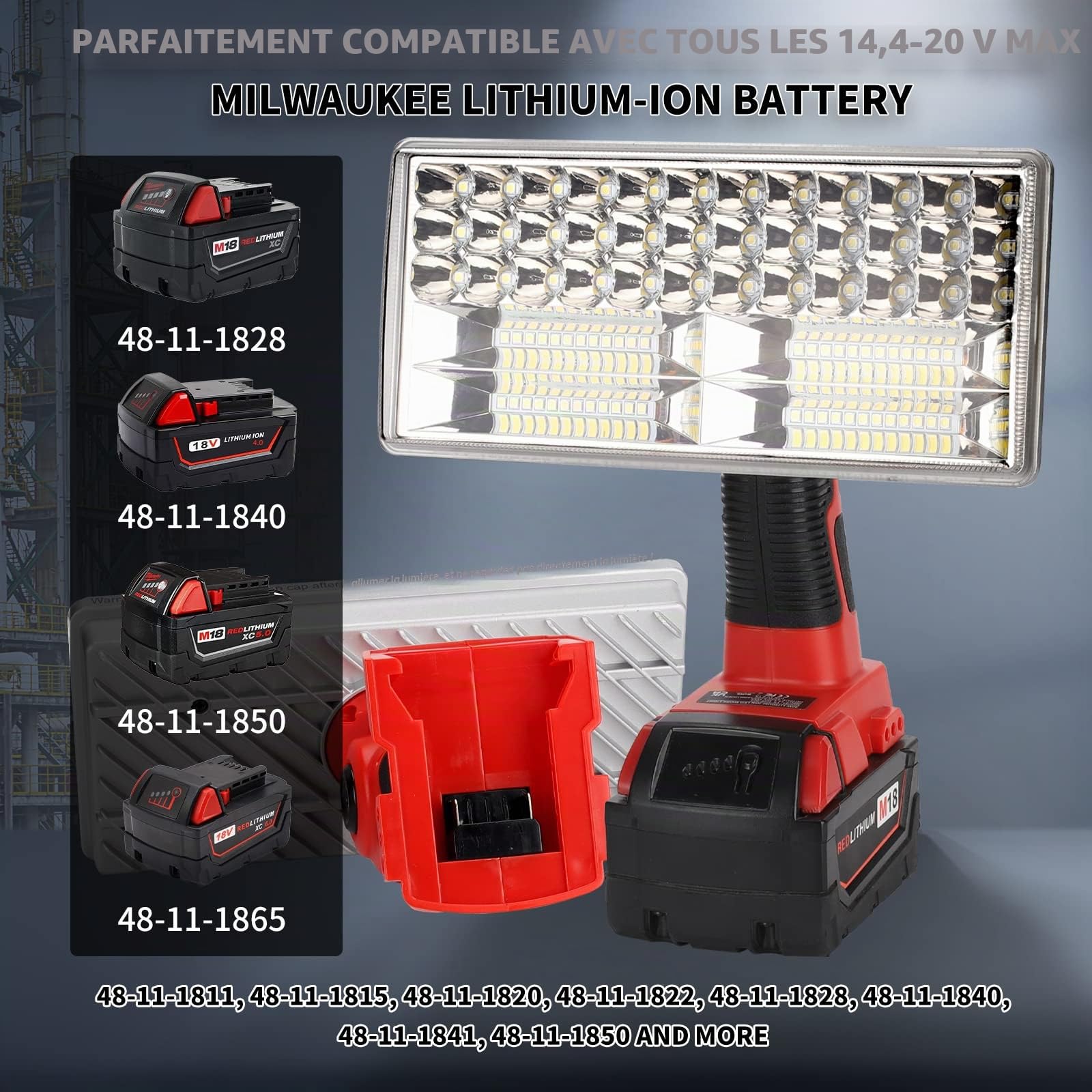 Lampe LED sans fil 4200 lm compatible avec batterie au lithium Milwaukee M18, lampe de travail 18 V pour camping, réparation de voiture, éclairage d'urgence et de chantier