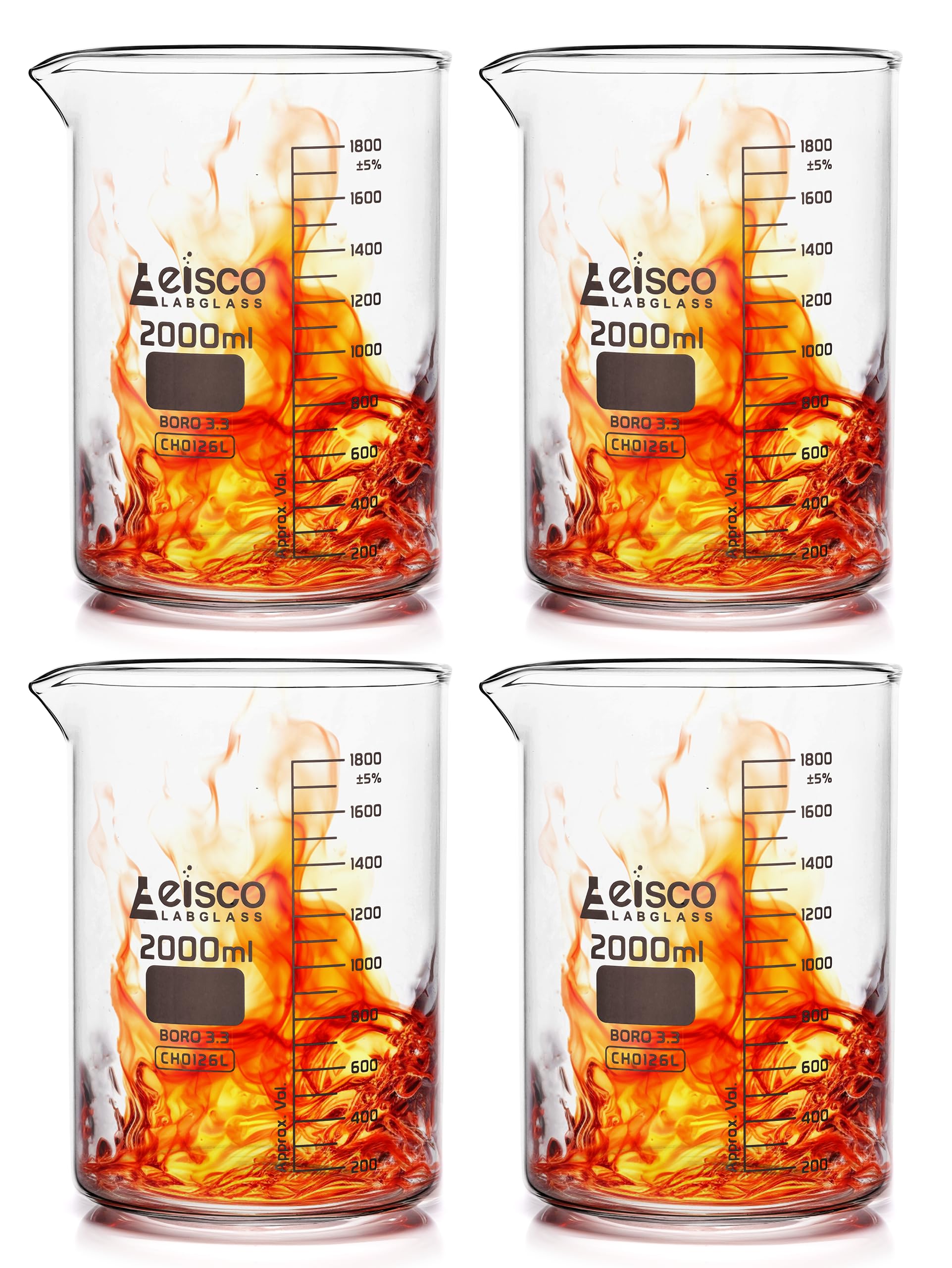 Juego de 4 vasos, 2000 ml, vidrio de borosilicato, graduaciones blancas, forma baja, laboratorios Eisco