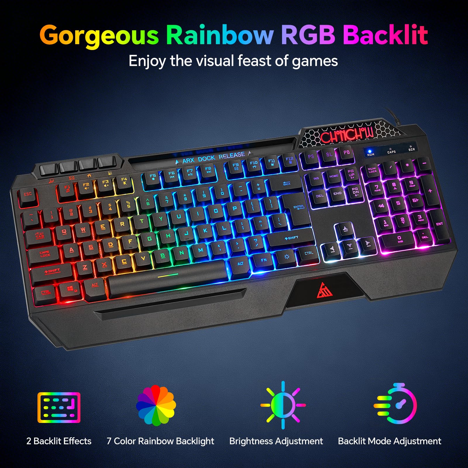 CHONCHOW Tastiera da gioco e mouse combinata, tastiera silenziosa retroilluminata RGB con cavo USB, anti-ghosting, con poggiapolsi ergonomico e supporto per telefono, mouse da gioco 7D 7200 DPI per PC
