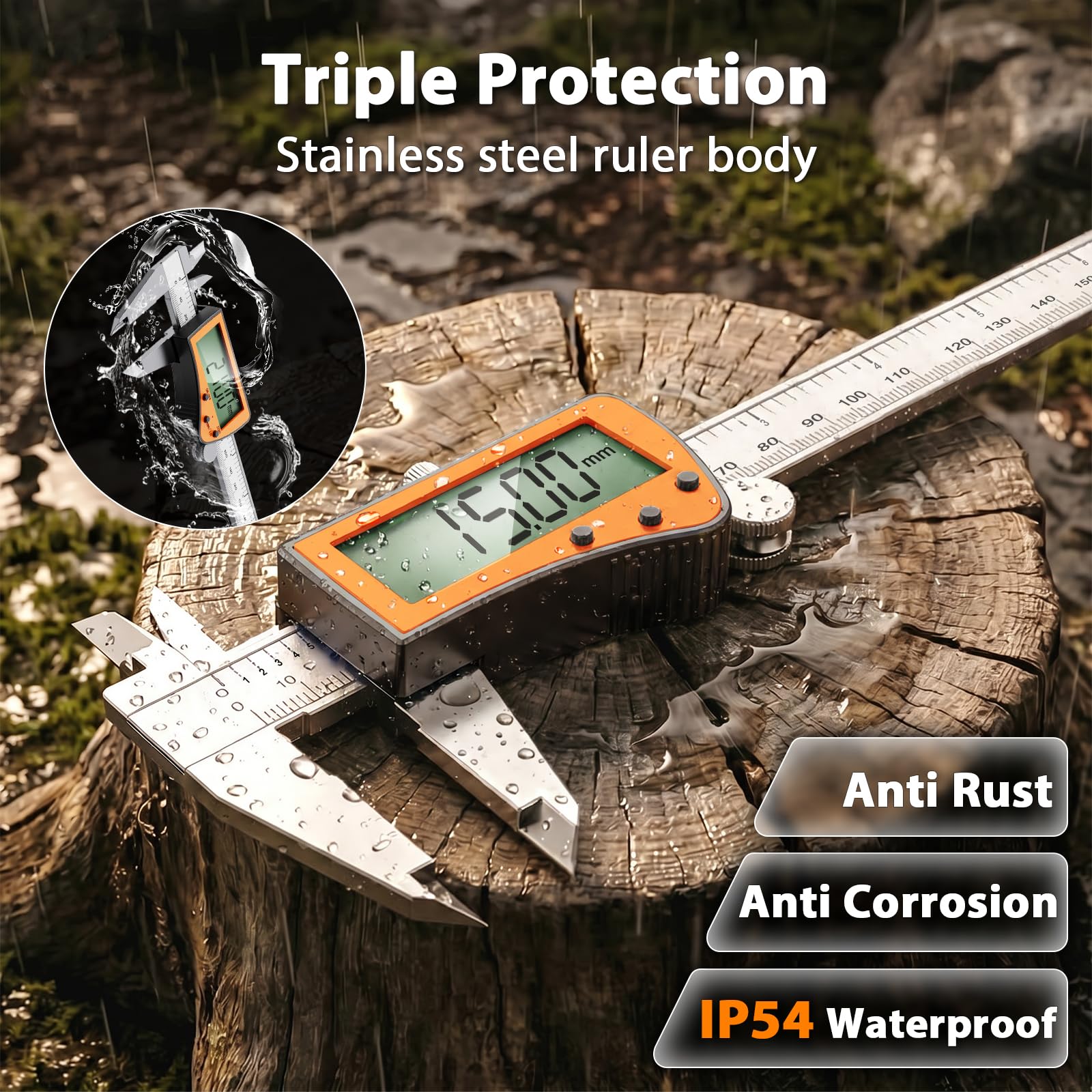 Preciva Calibrador digital recargable, micrómetro de acero inoxidable de pantalla grande con protección IP54