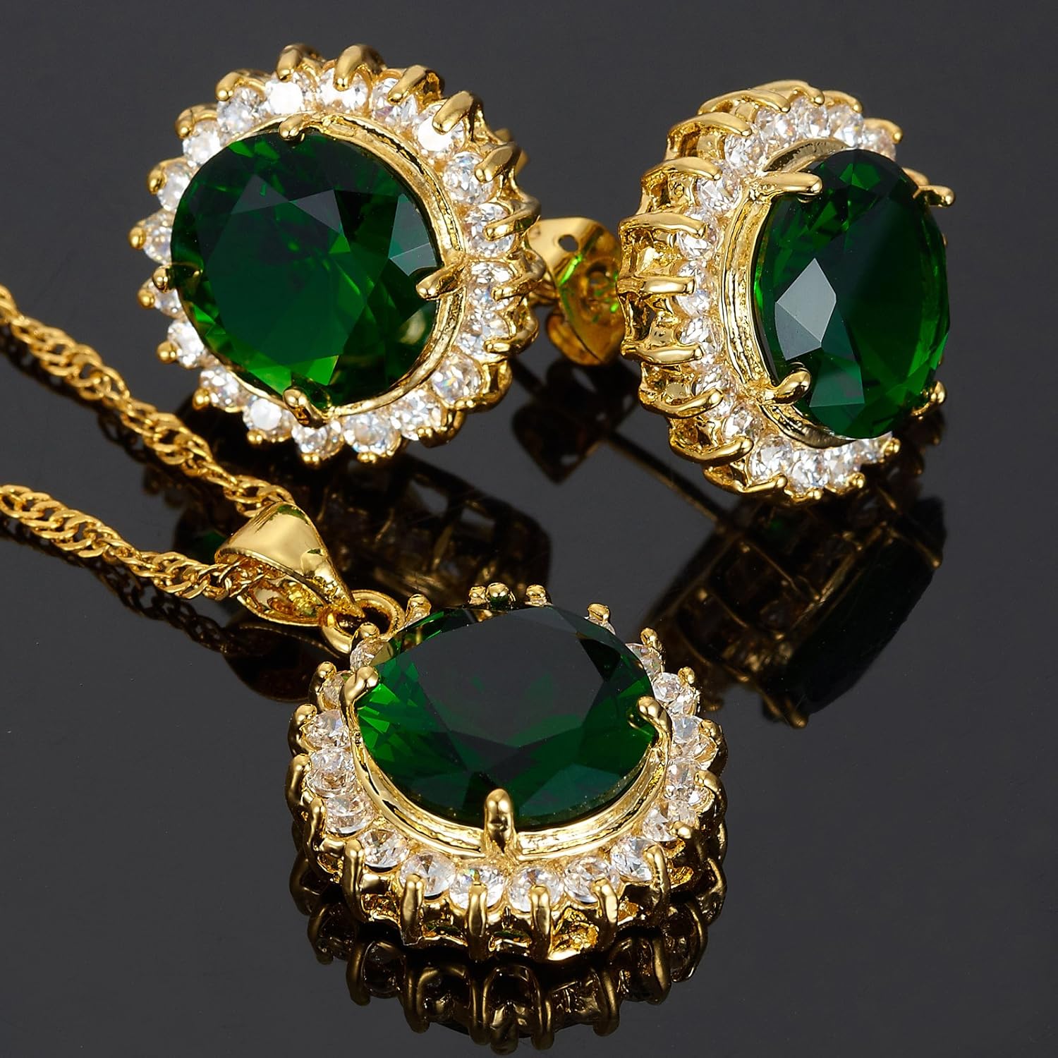 RIZILIA BLOSSOM Jewelry Set Pendant with 18" Chain & Stud Earrings Round Cut CZ [5 Colours available] in Yellow Gold Plated, Simple Modern Elegant - Image 4