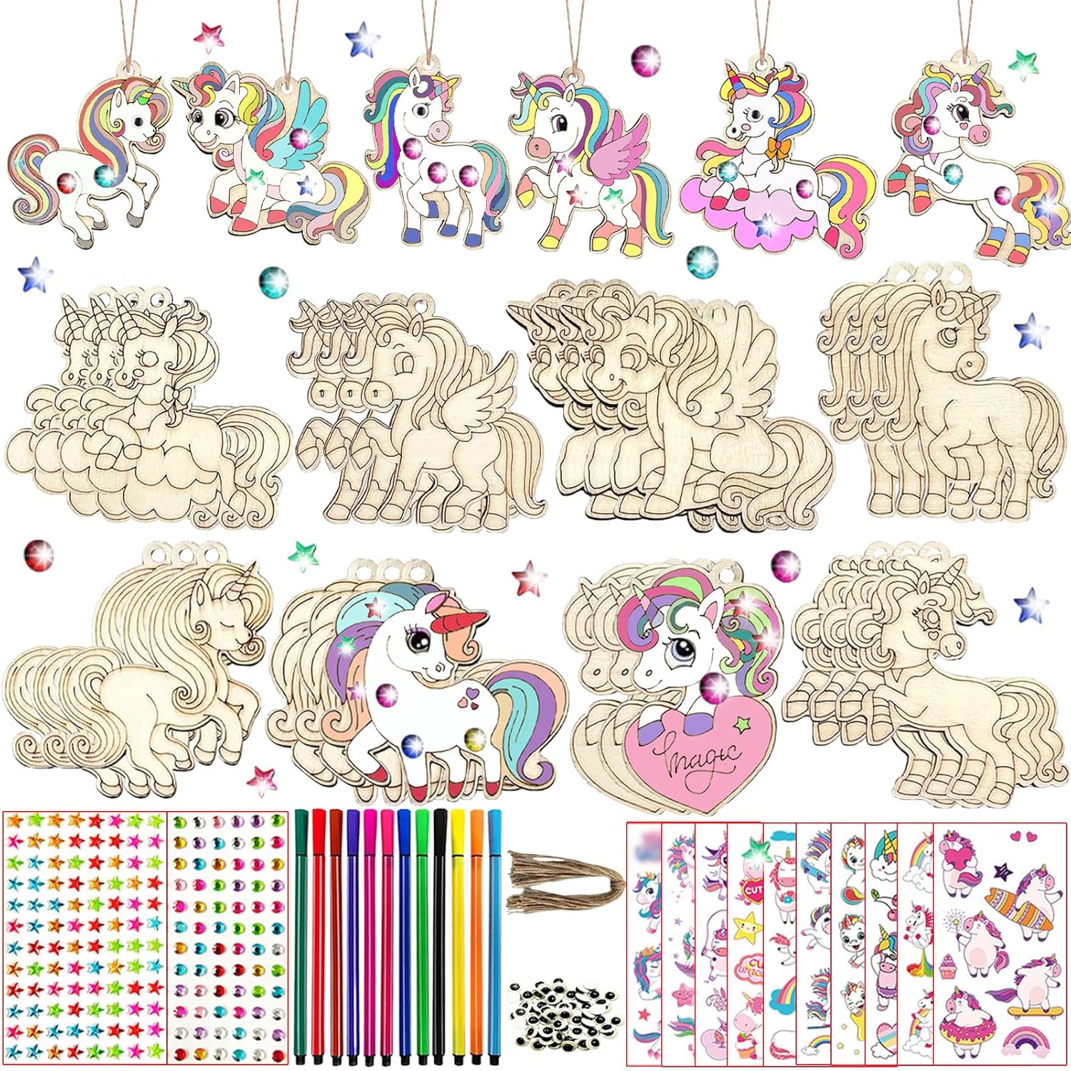 284 Pieces Unicorn Craft Set, Wooden Craft Sets for Children, Unicorn Birthday Decoration, Unicorn Crafts, with 24 Unicorn Wood, 8 Different Shapes, Children's Birthday Crafts, Wooden Crafts for 4-12