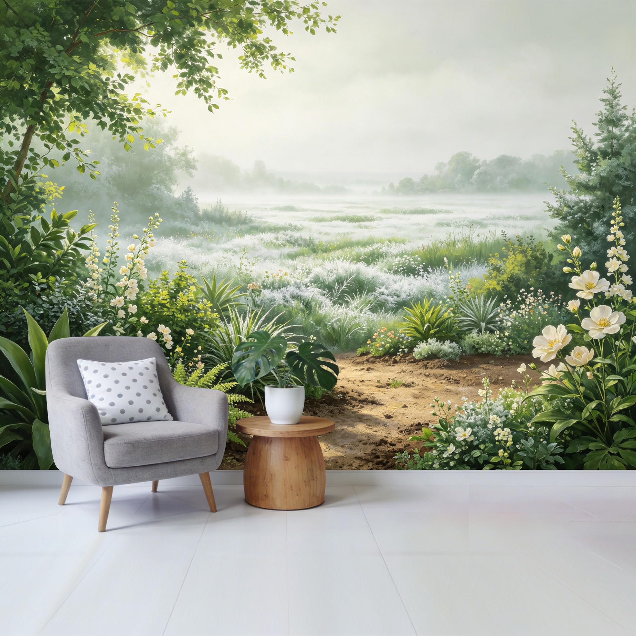 Qzlithotic Yq2605250432 Custom Size Wall Mural Misty Morning Meadow Botanical Landscape Watercolor Nature Scene Selfadhesive Wall Fabric Removable Wallpaper For Home Office Decor