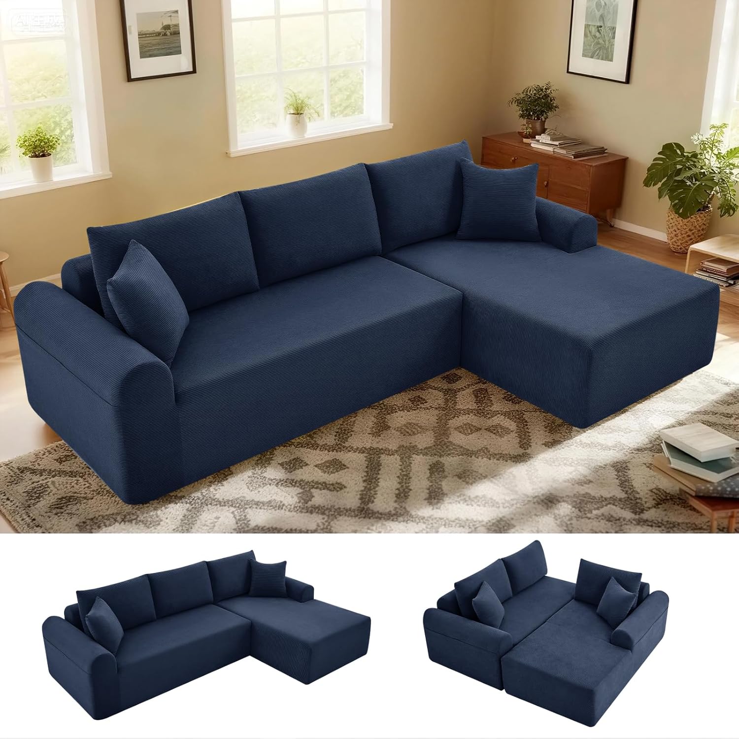 Modular Sectional Sofa with Chaise, Cloud Sectional Couch with Deep Seat, Modular L-Shape Sofa Corduroy Boneless Couch for Living Room,Bedroom,No Assembly Required(Navy Blue, Right Facing Chaise)